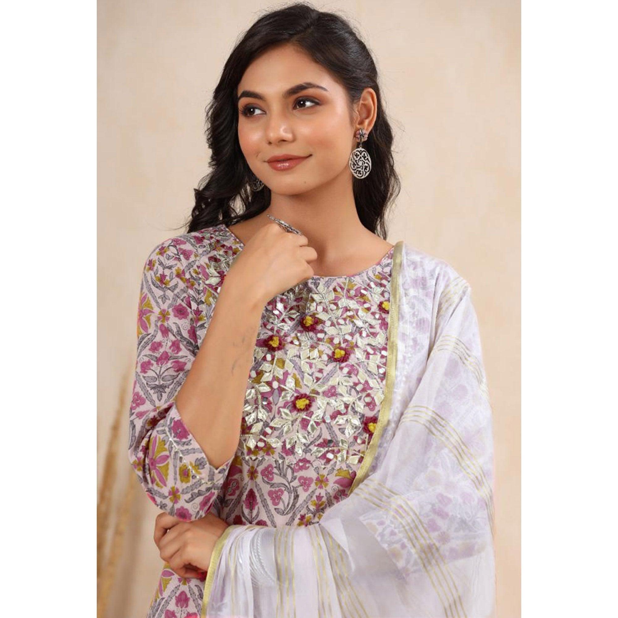 Pink Printed Pure Cotton Kurti Pant Set With Dupatta - Peachmode