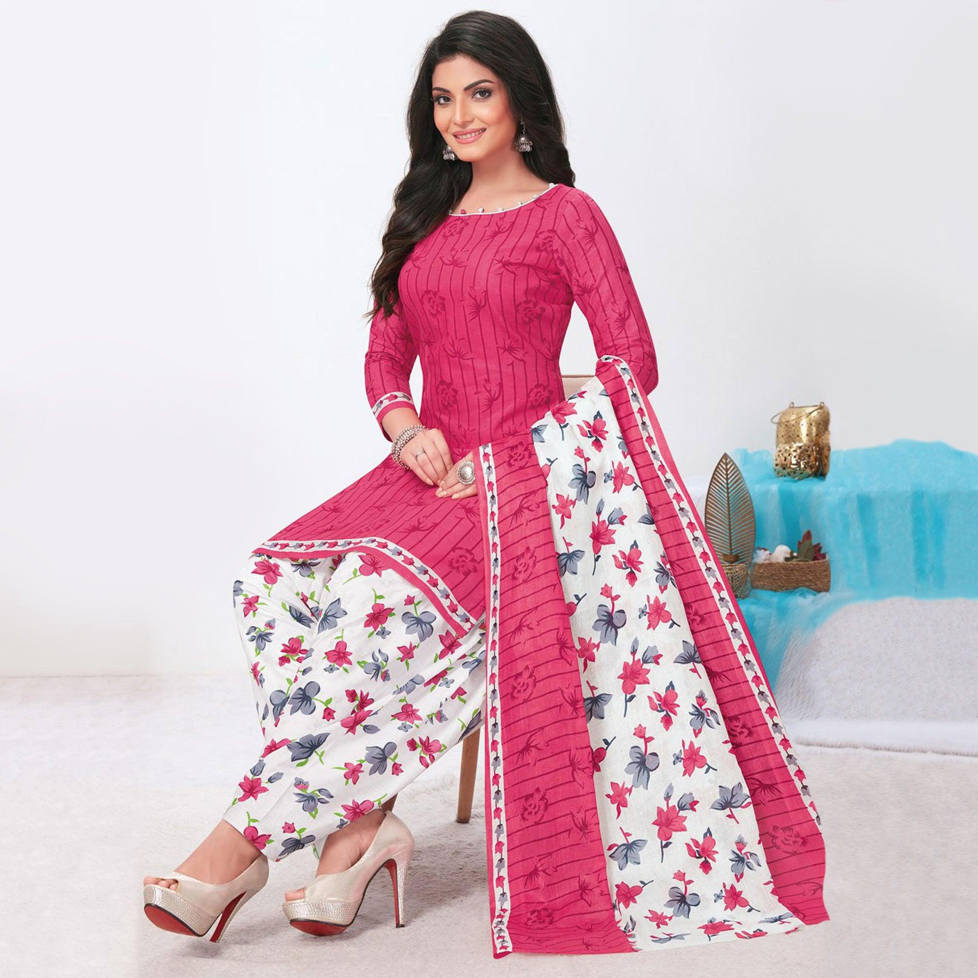 Pink Printed Pure Cotton Patiala Dress Material - Peachmode