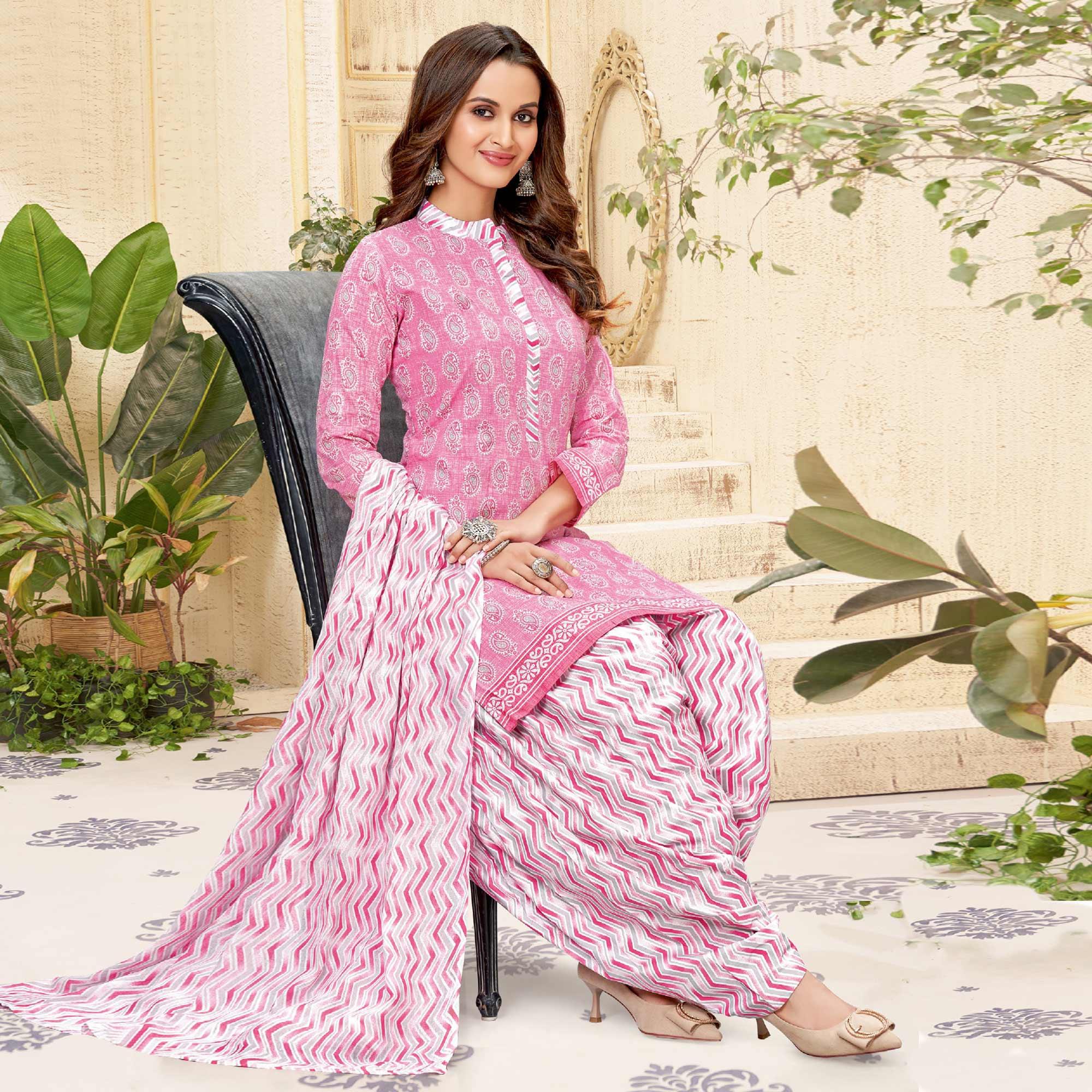 Pink Printed Pure Cotton Patiala Dress Material - Peachmode