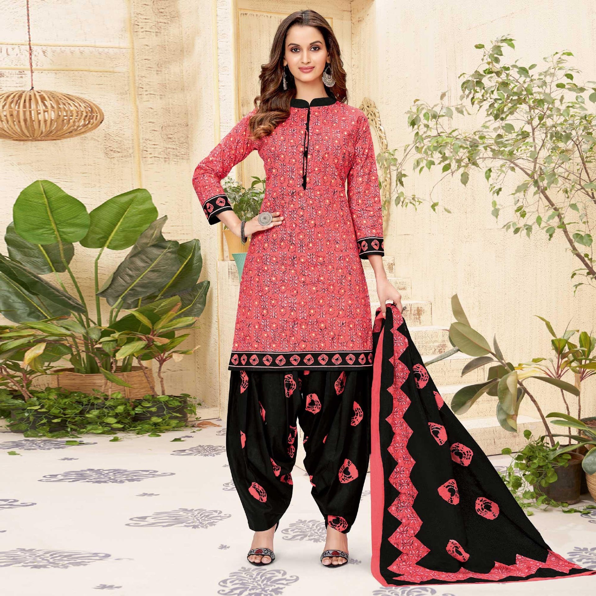 Pink Printed Pure Cotton Patiala Dress Material