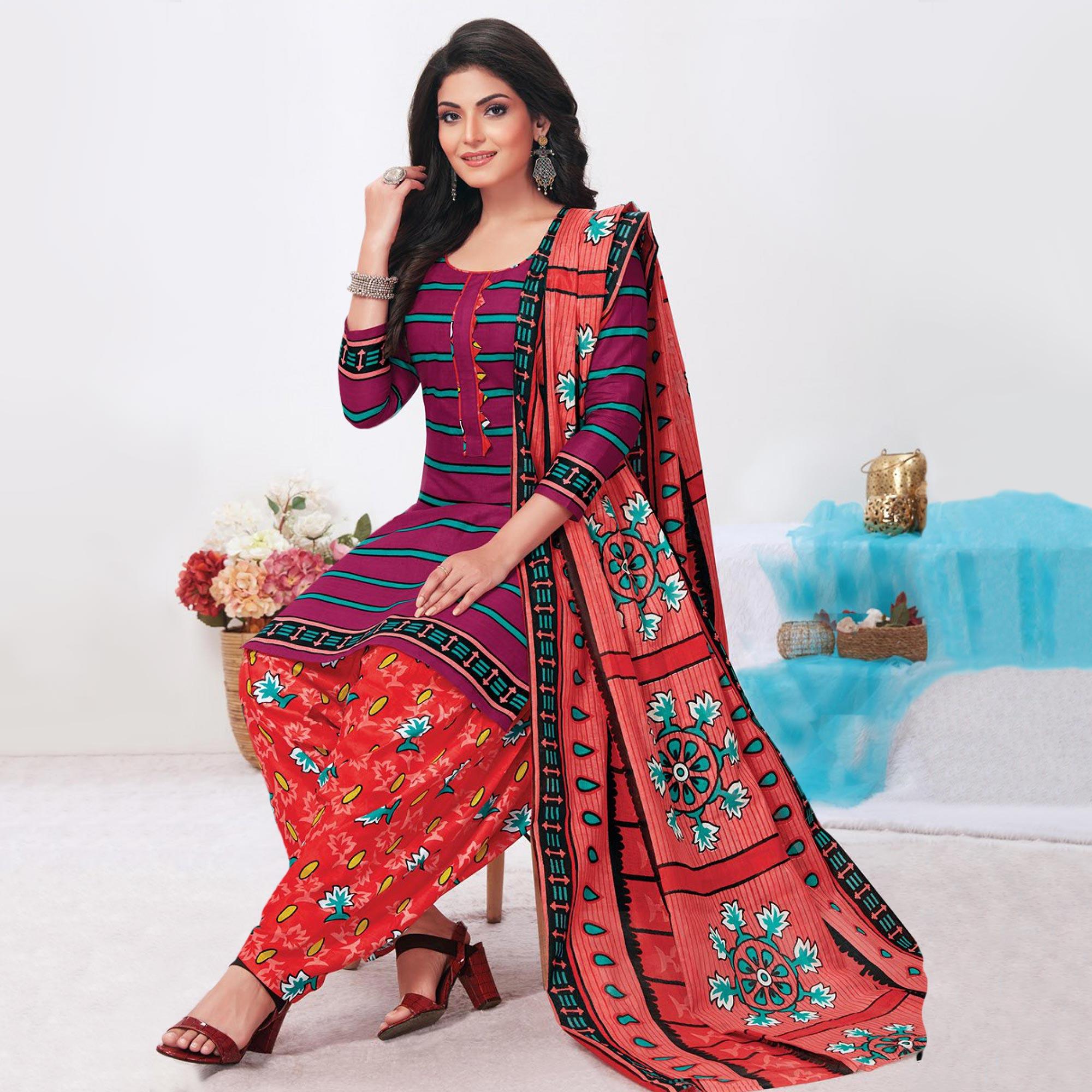 Pink Printed Pure Cotton Patiala Dress Material - Peachmode