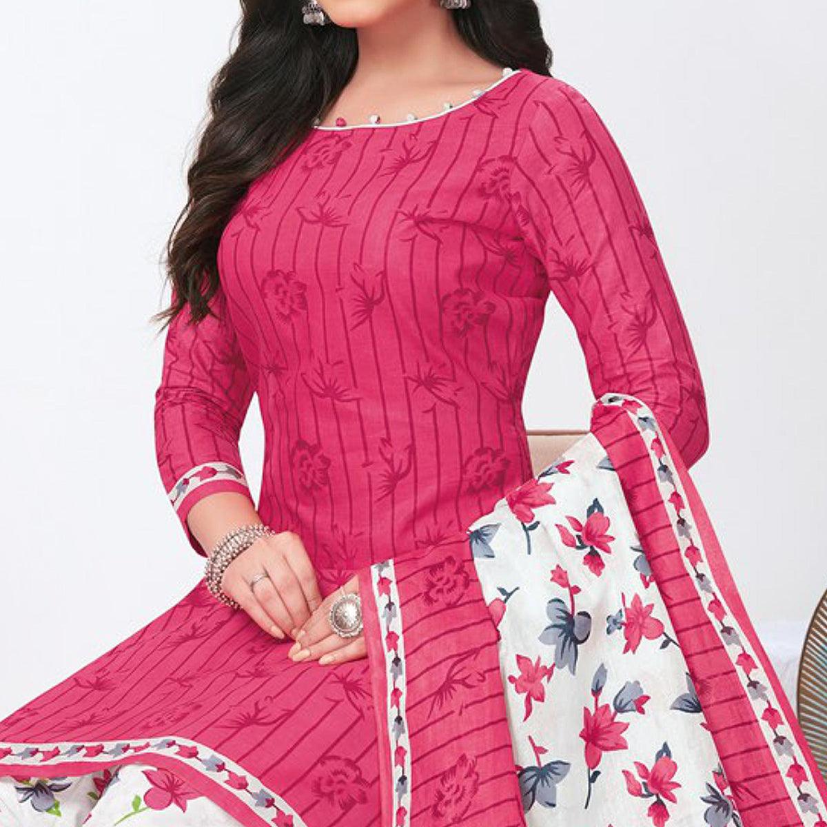 Pink Printed Pure Cotton Patiala Dress Material - Peachmode
