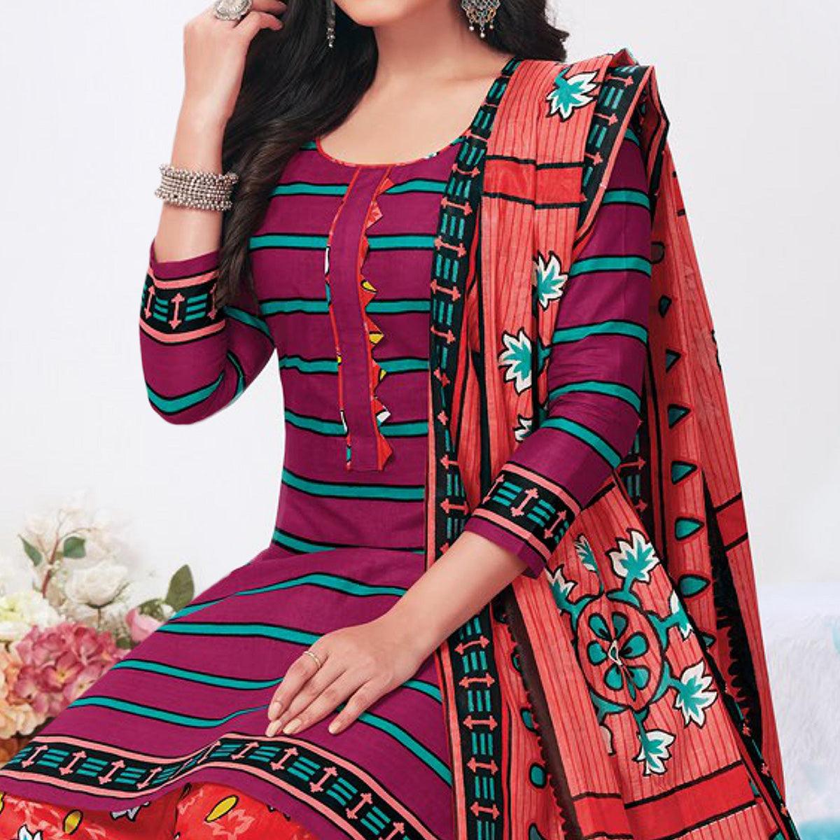 Pink Printed Pure Cotton Patiala Dress Material - Peachmode