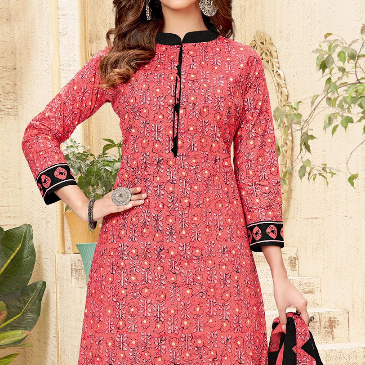 Pink Printed Pure Cotton Patiala Dress Material - Peachmode