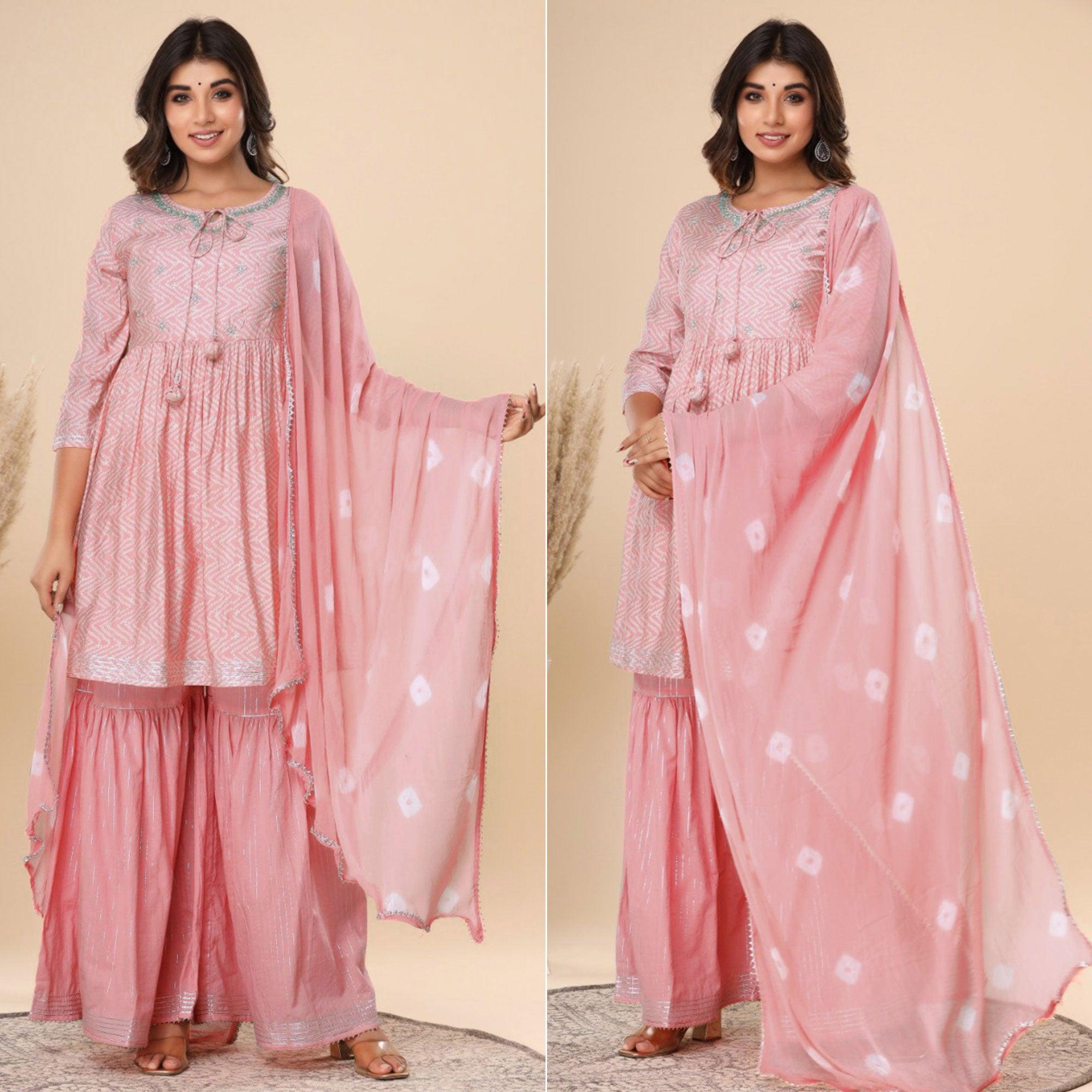 Pink Printed Pure Cotton Sharara Suit - Peachmode