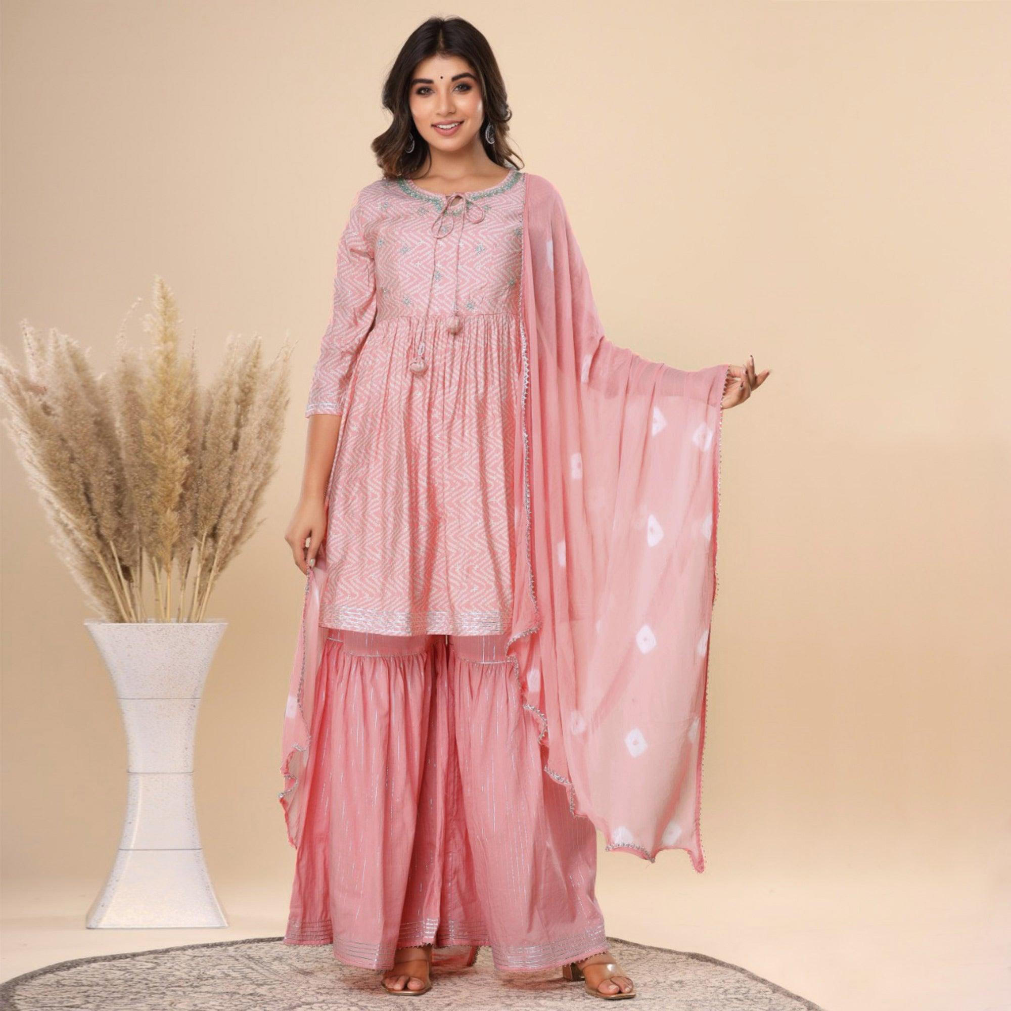 Pink Printed Pure Cotton Sharara Suit - Peachmode