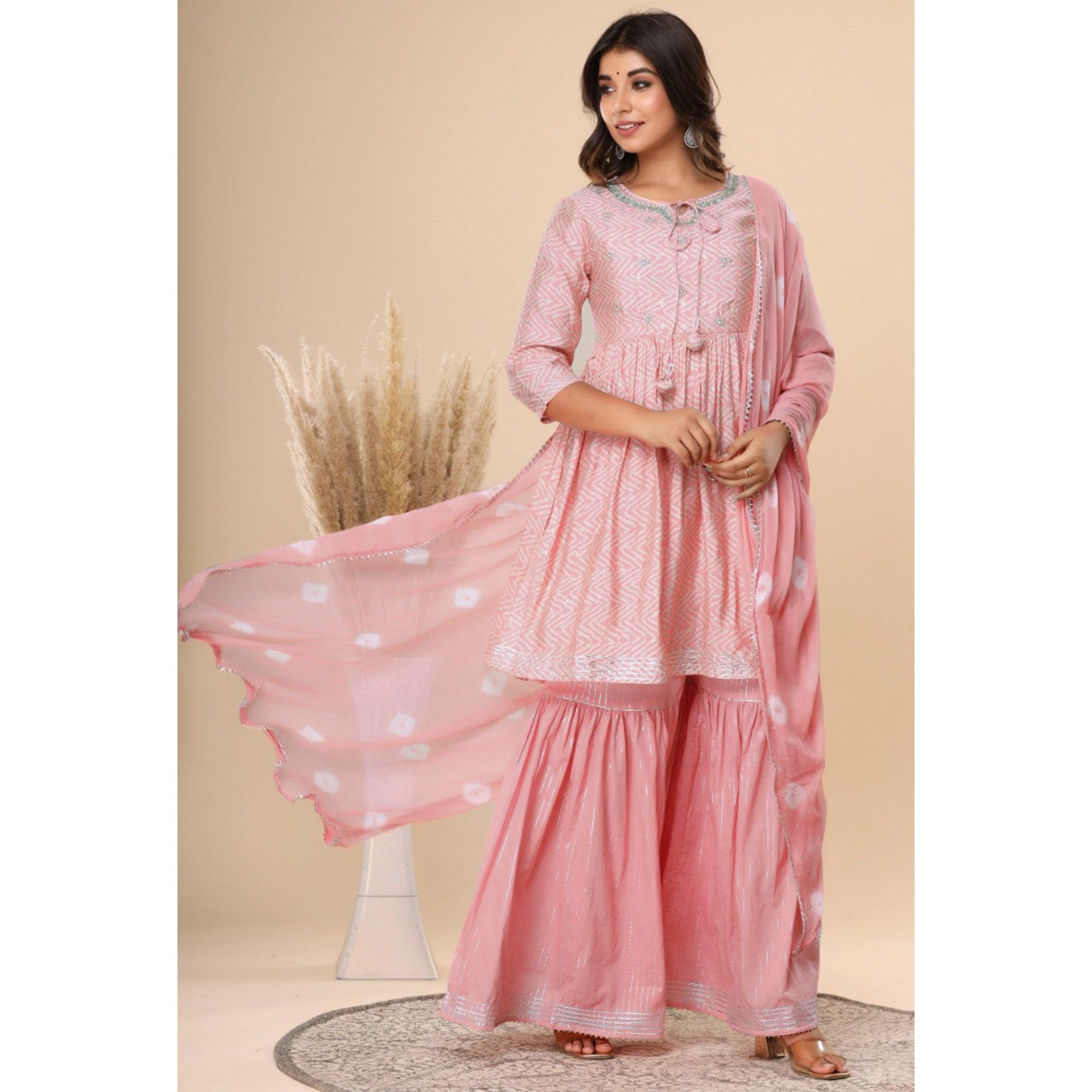 Pink Printed Pure Cotton Sharara Suit - Peachmode