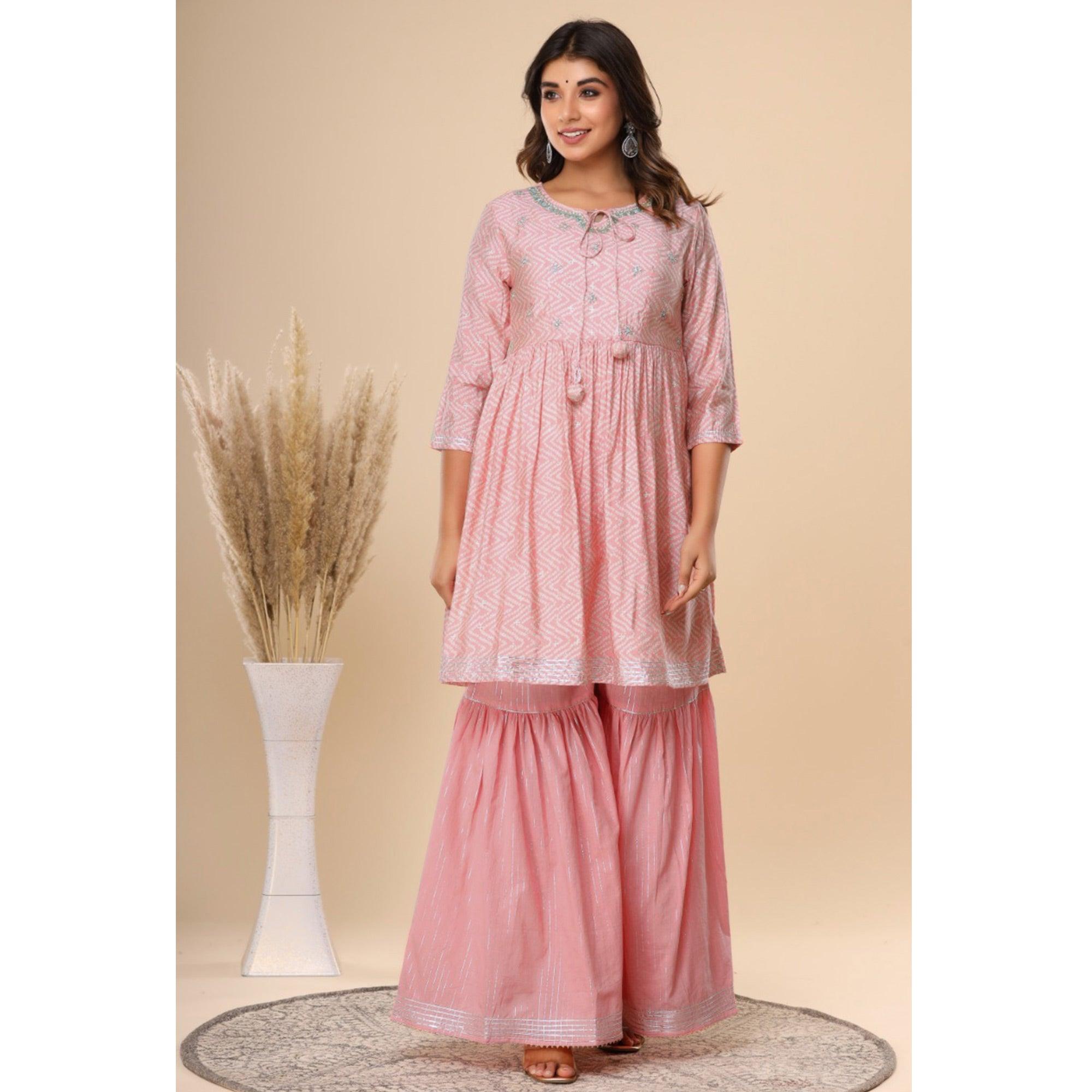 Pink Printed Pure Cotton Sharara Suit - Peachmode