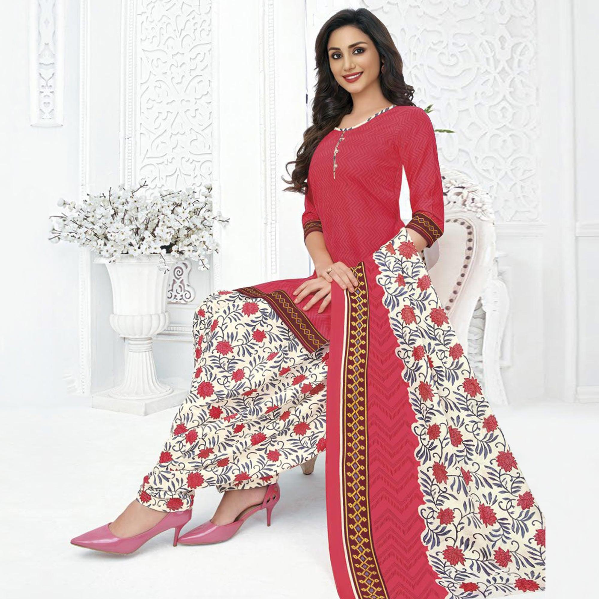 Pink Printed Pure Cotton Stitched Patiala Suit - Peachmode