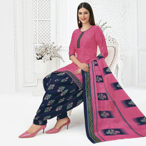 Pink Printed Pure Cotton Stitched Patiala Suit - Peachmode