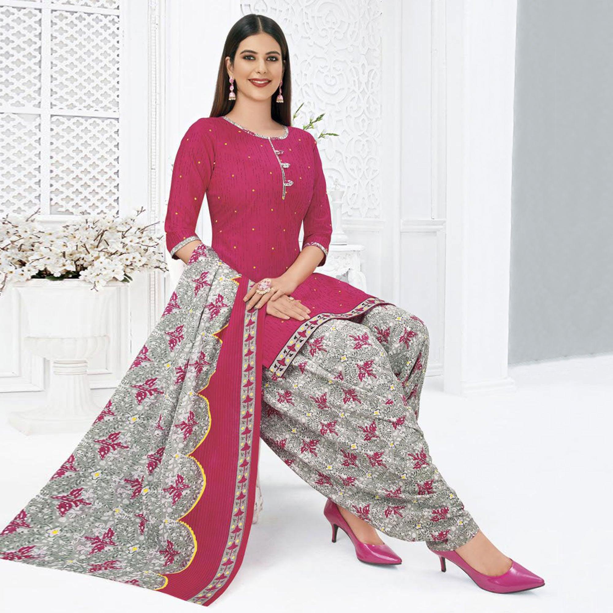 Pink Printed Pure Cotton Stitched Patiala Suit - Peachmode