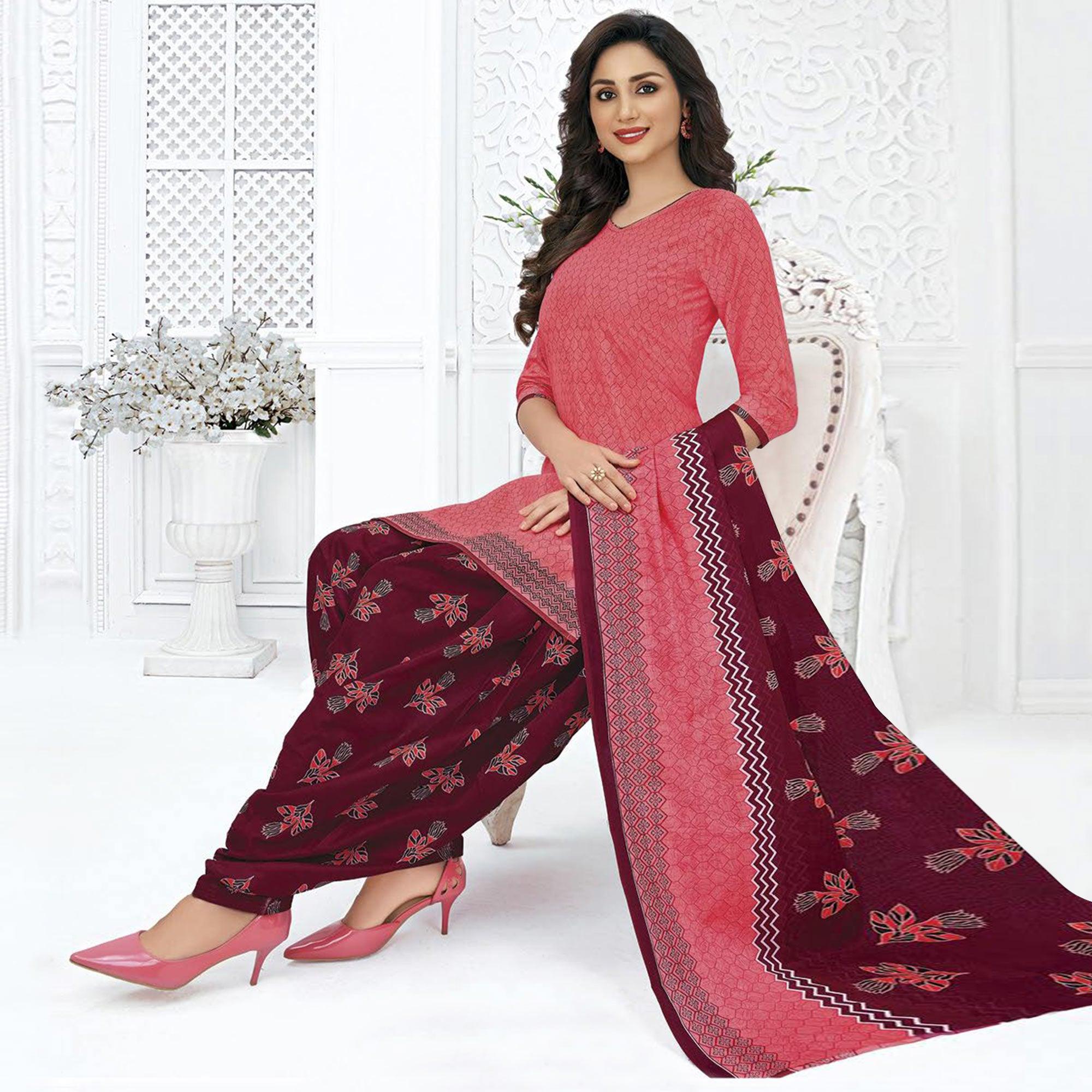 Pink Printed Pure Cotton Stitched Patiala Suit - Peachmode