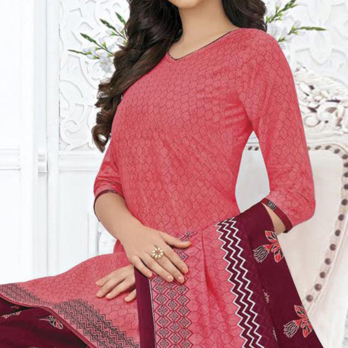 Pink Printed Pure Cotton Stitched Patiala Suit - Peachmode