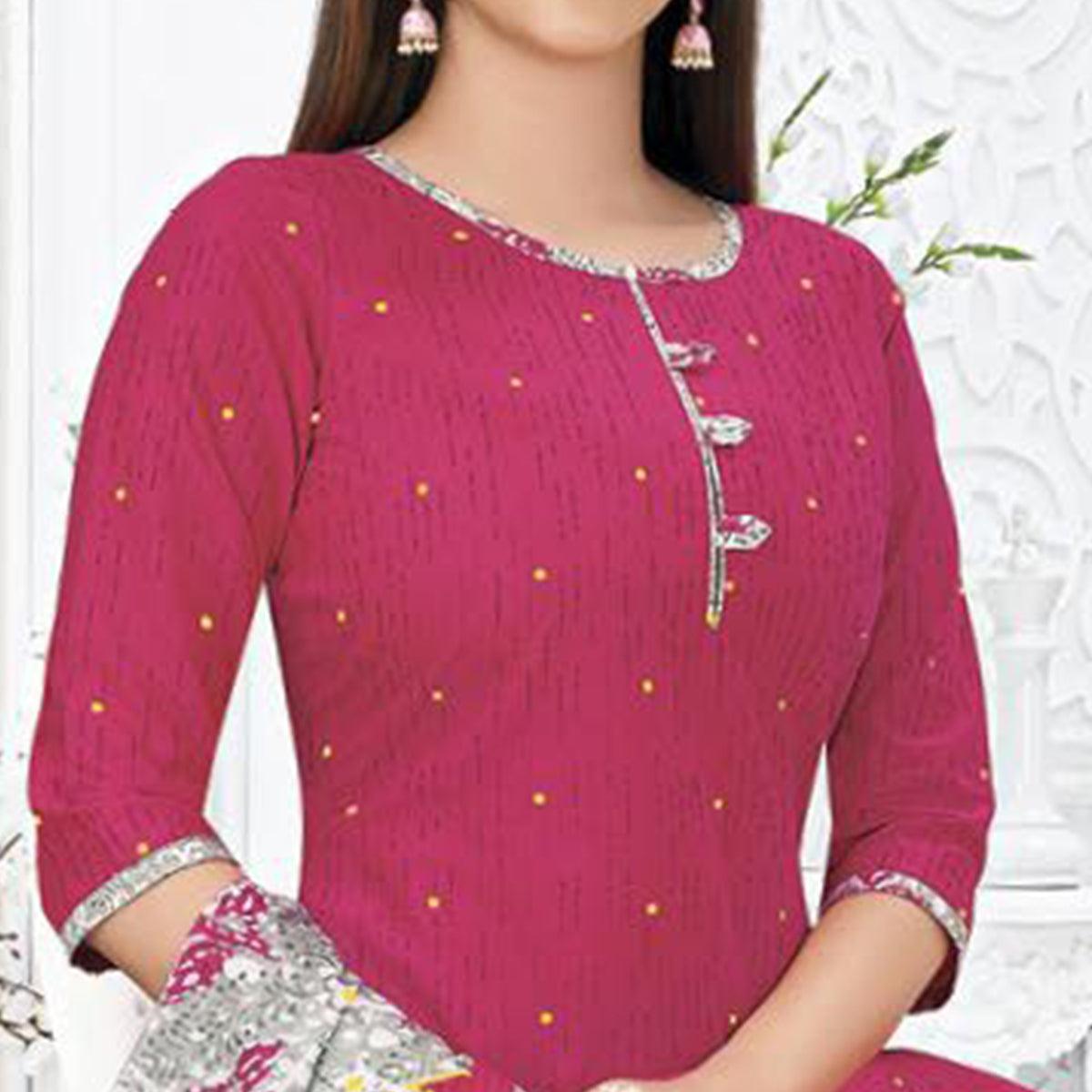 Pink Printed Pure Cotton Stitched Patiala Suit - Peachmode