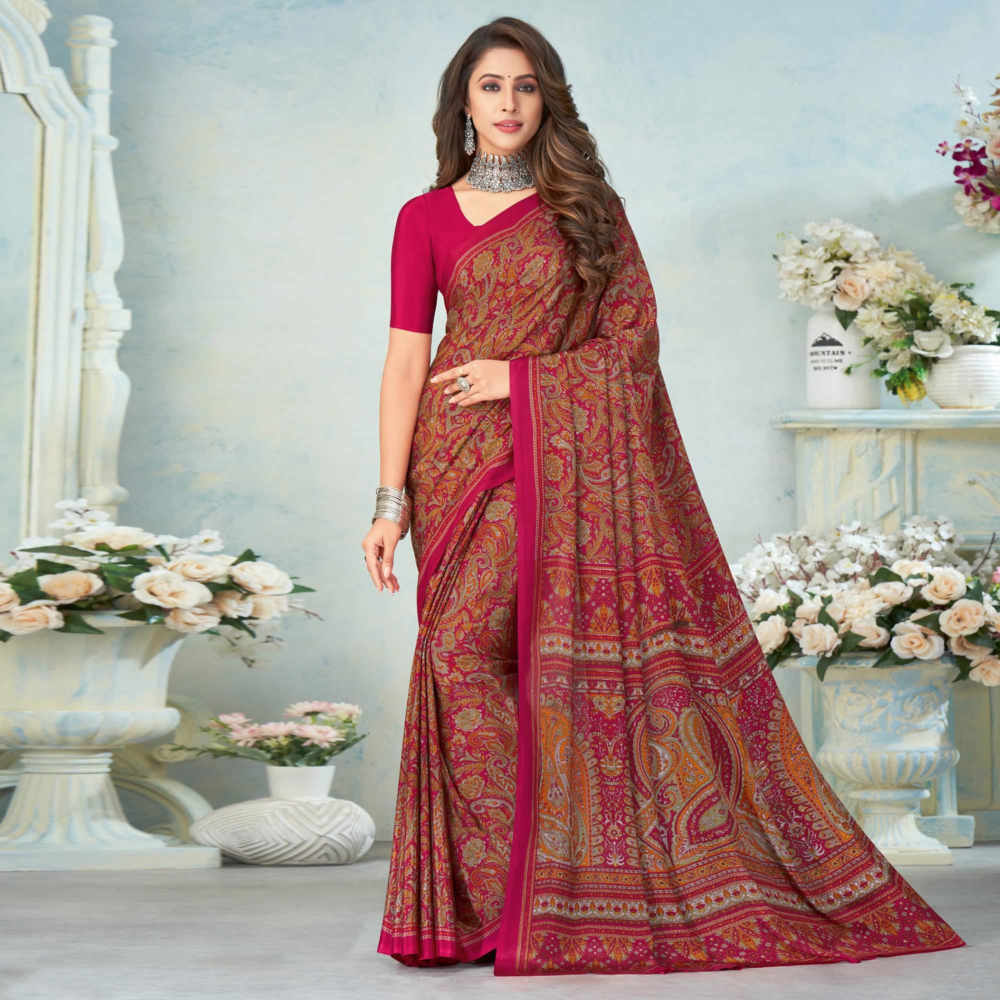 Pink Printed Raw Silk Saree - Peachmode