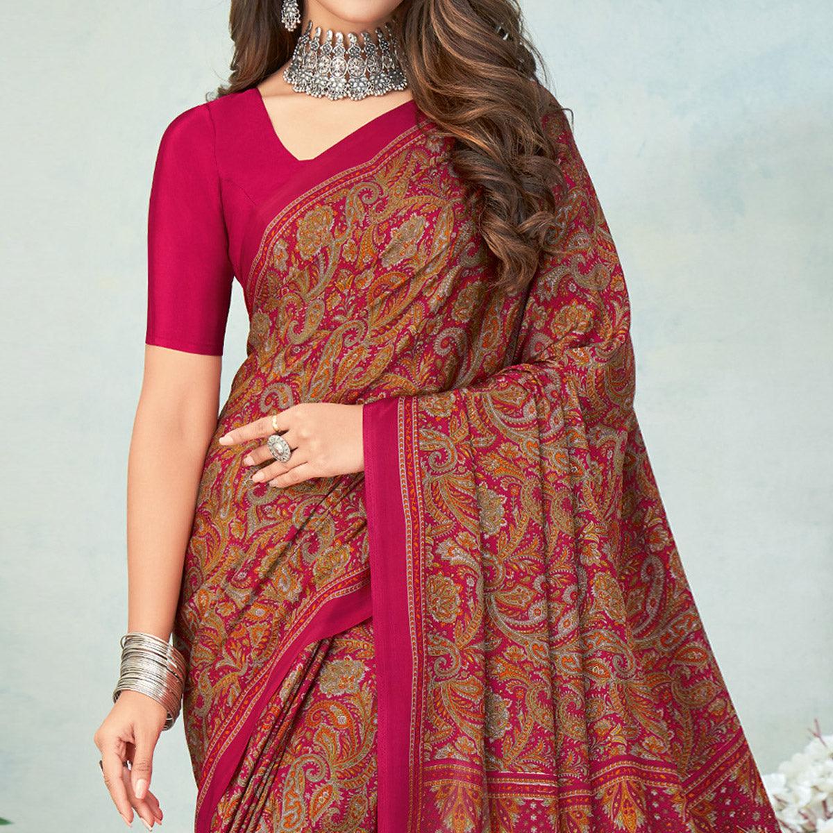 Pink Printed Raw Silk Saree - Peachmode