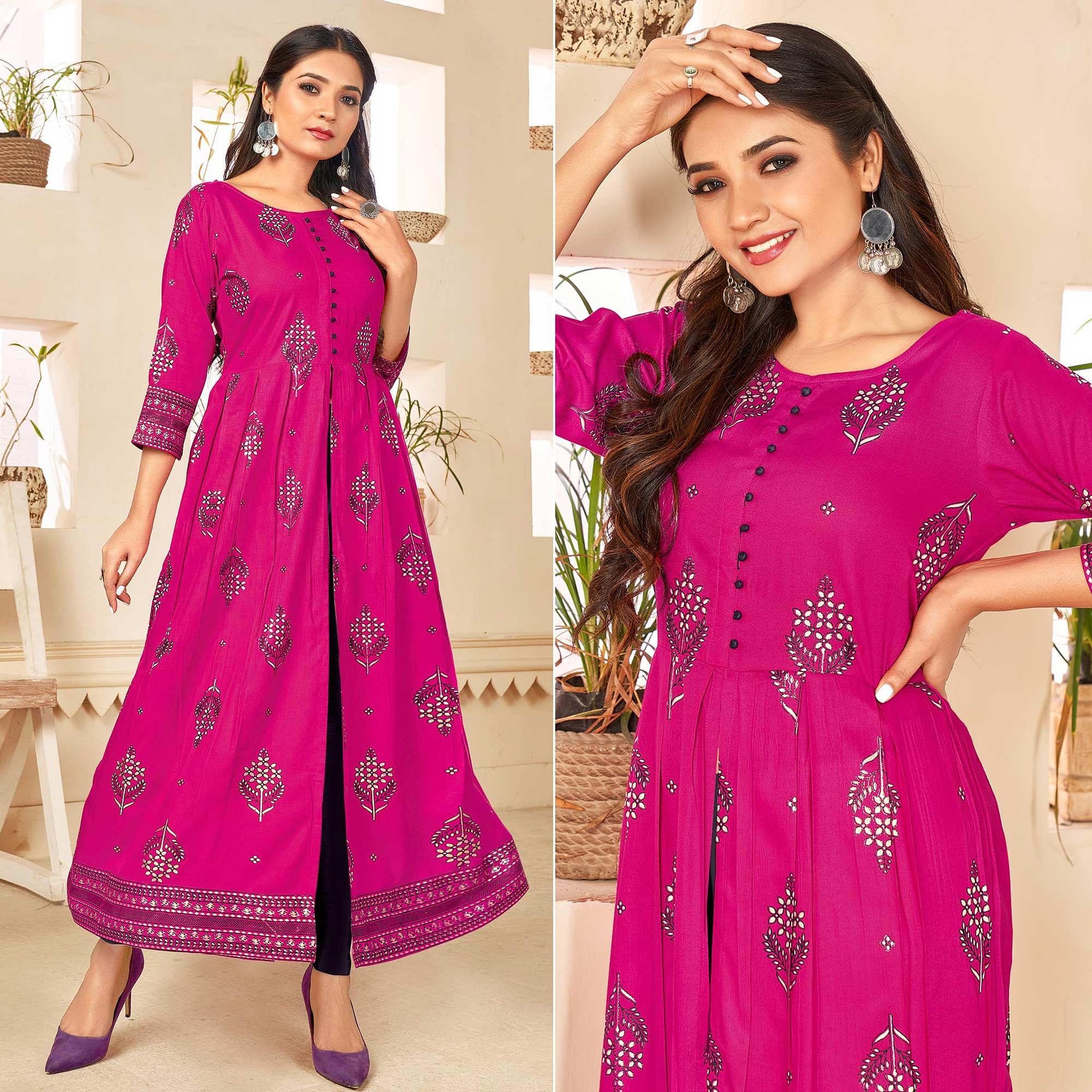 Pink Printed Rayon Anarkali Kurti - Peachmode