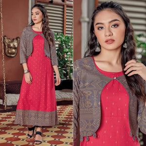 Pink Printed Rayon Anarkali Kurti - Peachmode