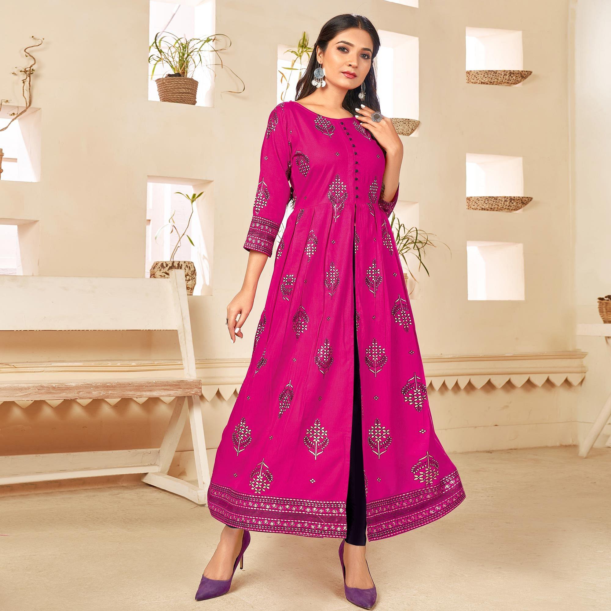 Pink Printed Rayon Anarkali Kurti - Peachmode