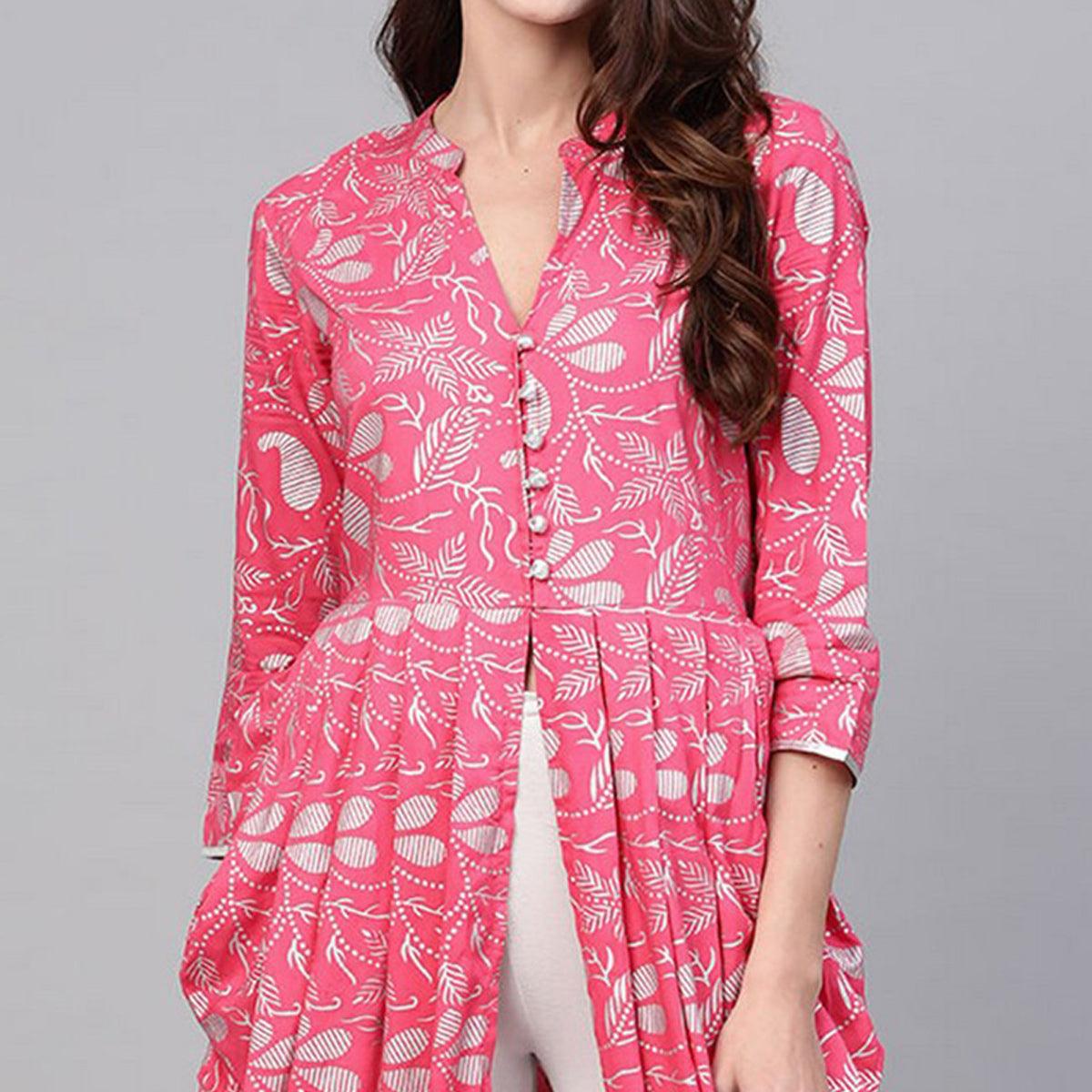 Pink Printed Rayon Kurti - Peachmode