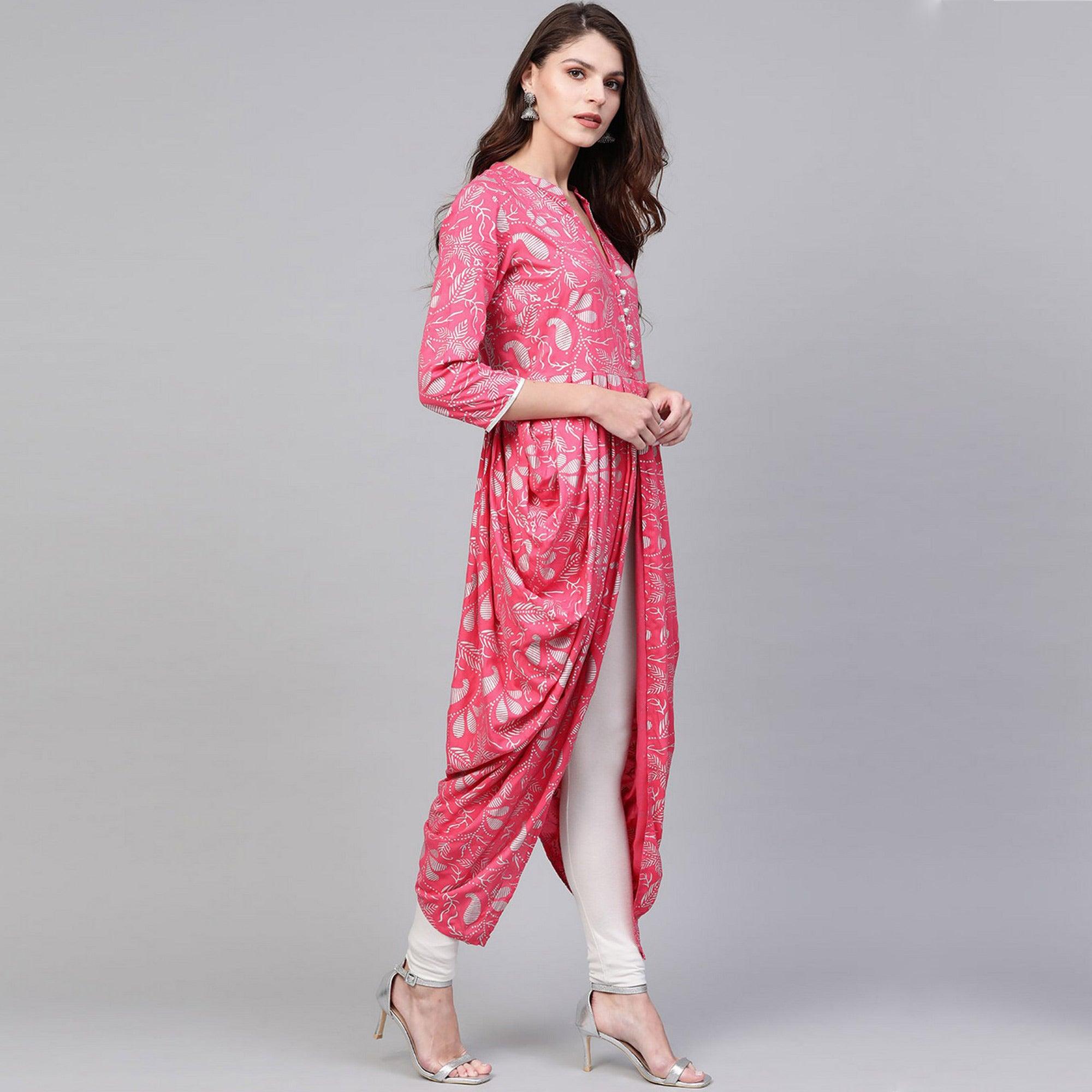 Pink Printed Rayon Kurti - Peachmode