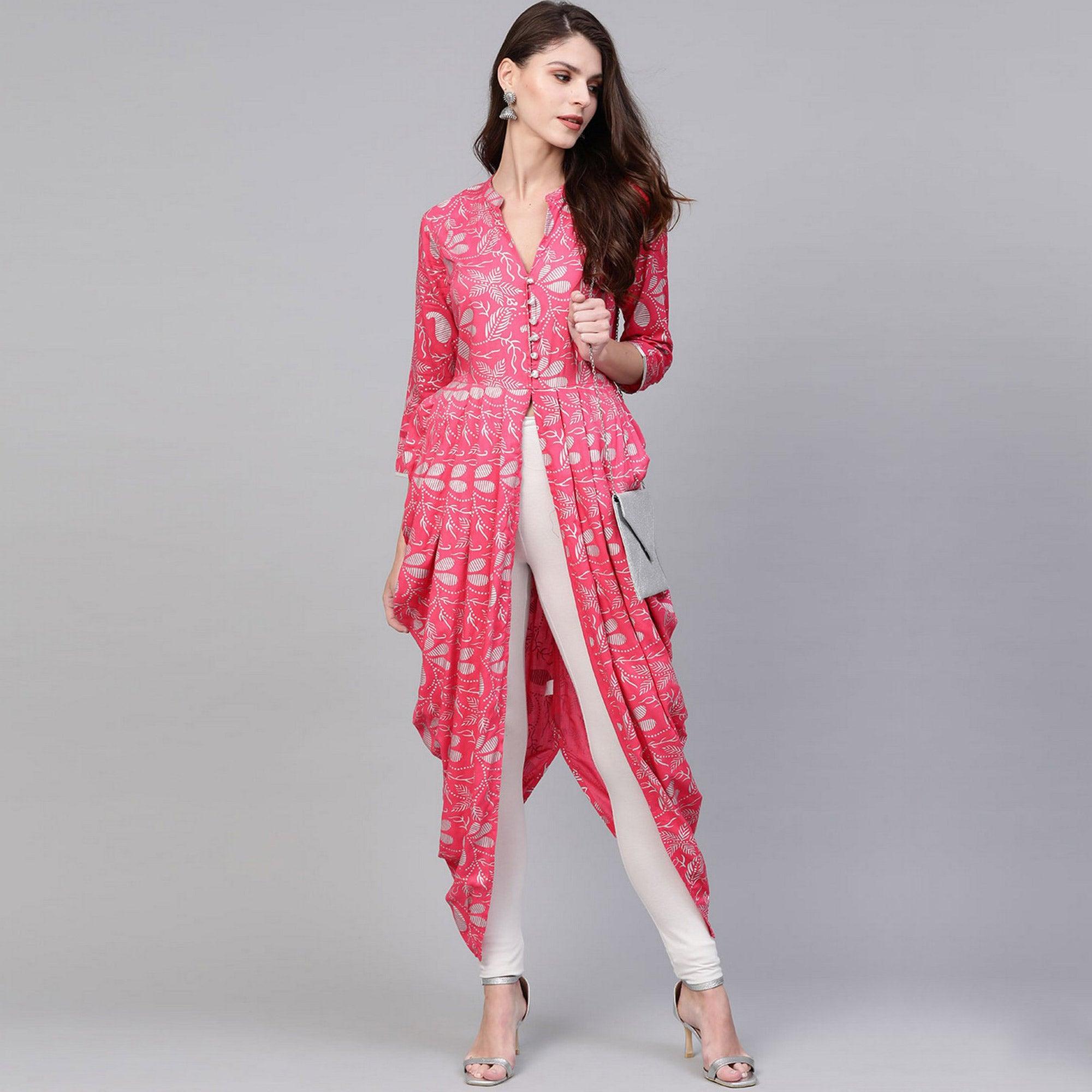 Pink Printed Rayon Kurti - Peachmode