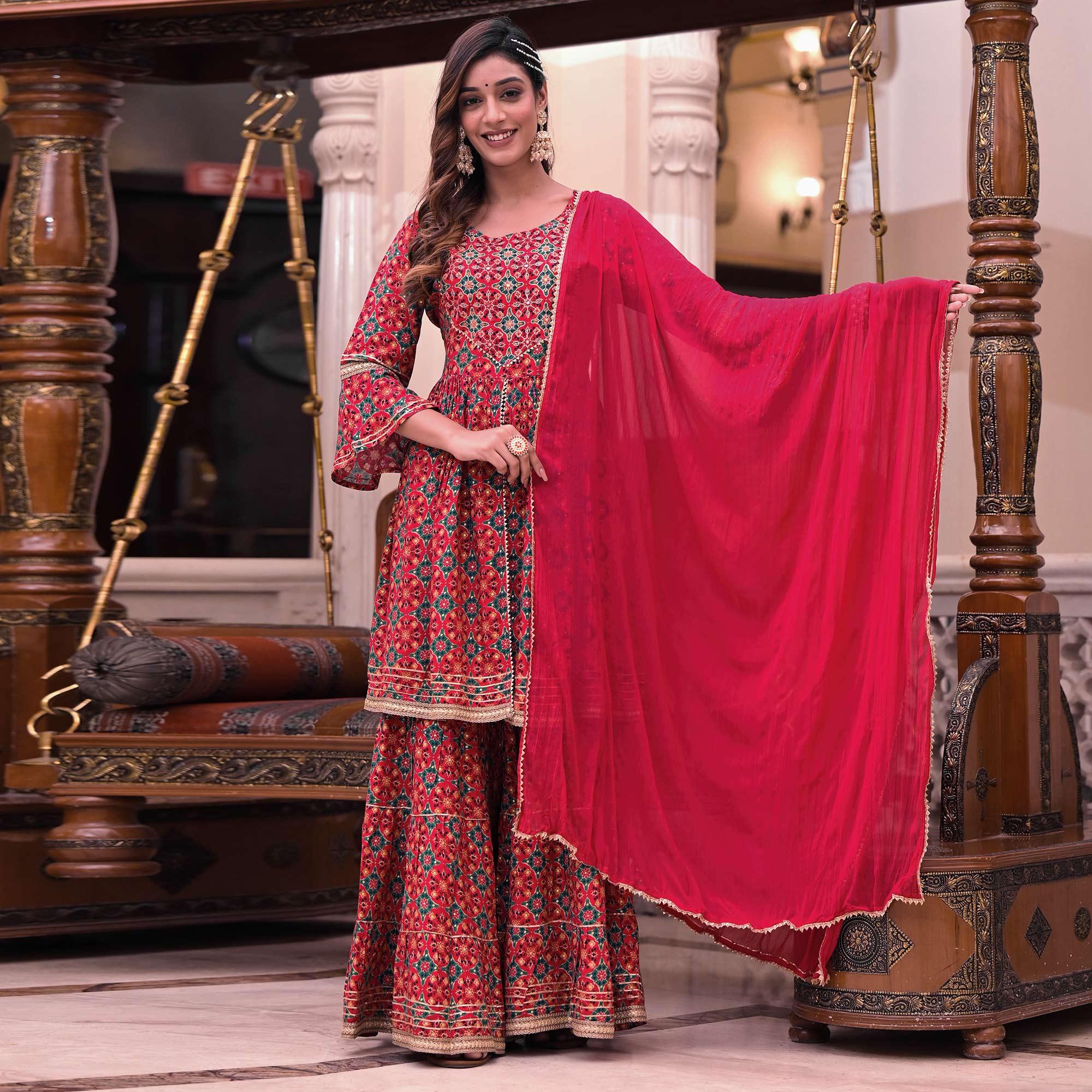 Pink Printed Rayon Sharara Suit - Peachmode