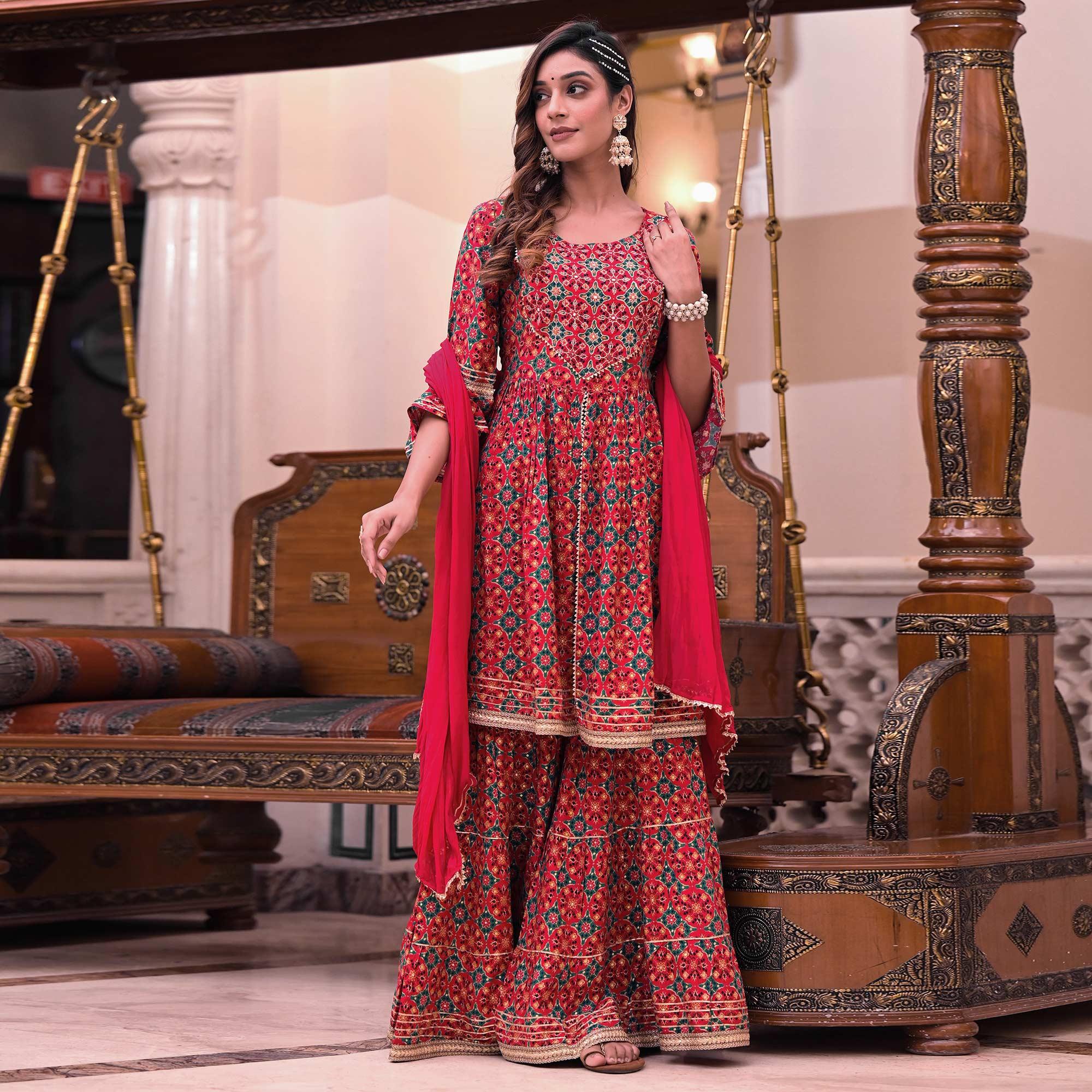 Pink Printed Rayon Sharara Suit - Peachmode