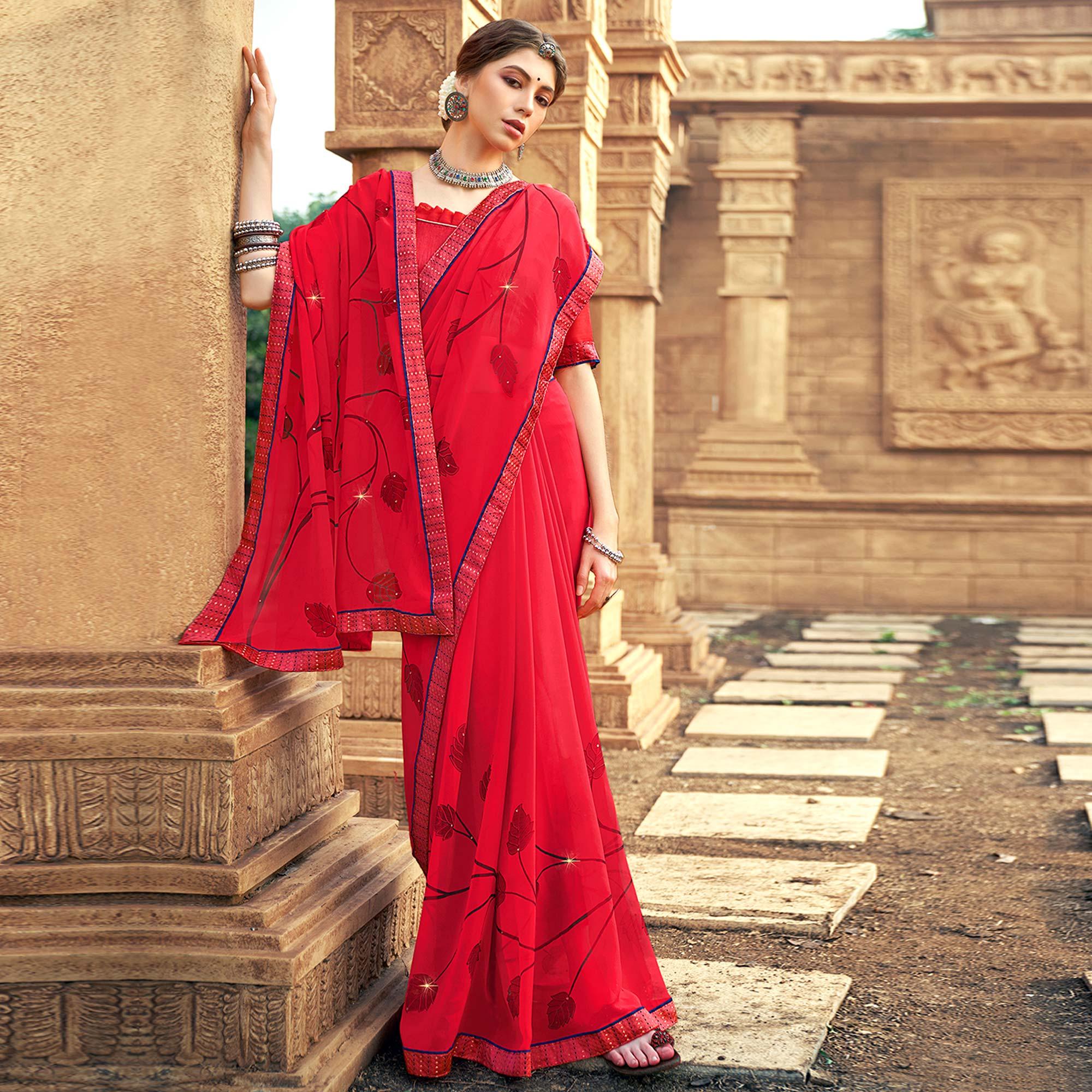 Pink Printed-Sequins Work Georgette Saree - Peachmode