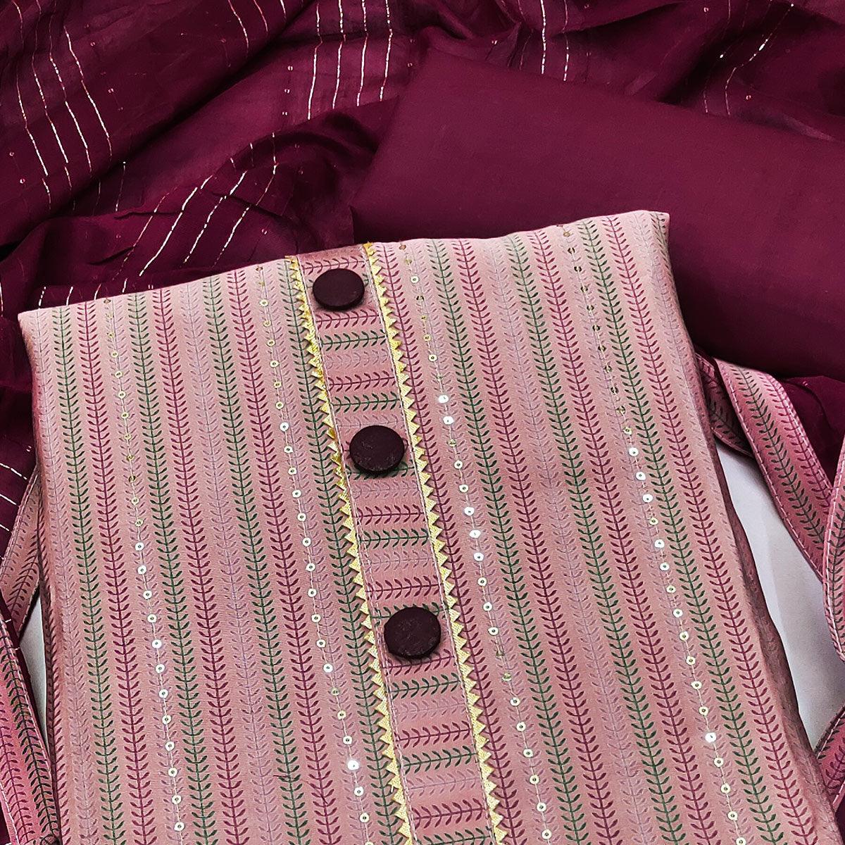 Pink Printed-Sequins Work Muslin Dress Material - Peachmode