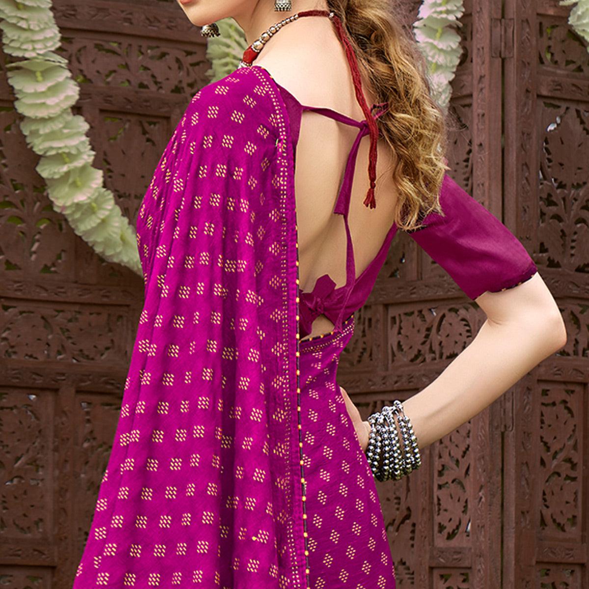 Pink Printed Vichitra Silk Saree With Tassels - Peachmode