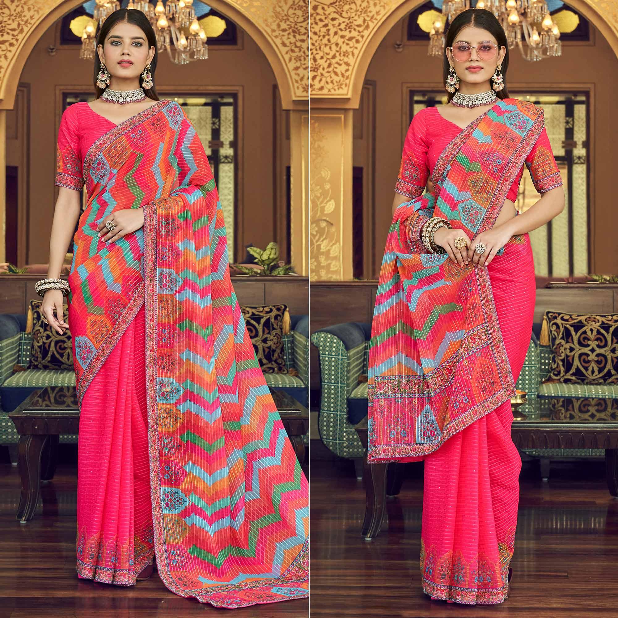 Pink Printed With Embellished Georgette Half and Half Saree - Peachmode