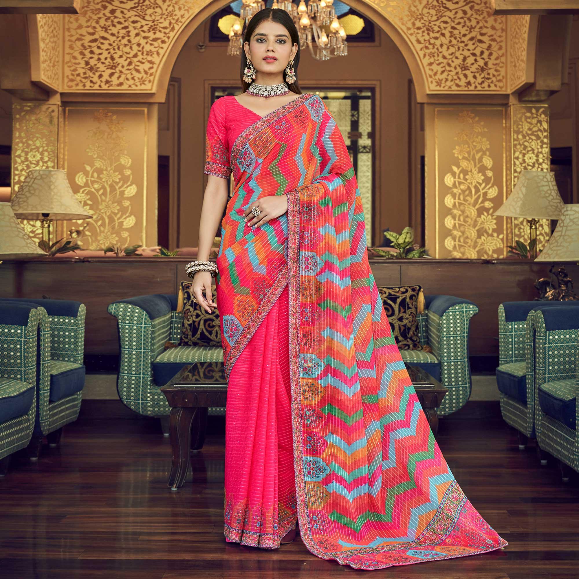 Pink Printed With Embellished Georgette Half and Half Saree - Peachmode