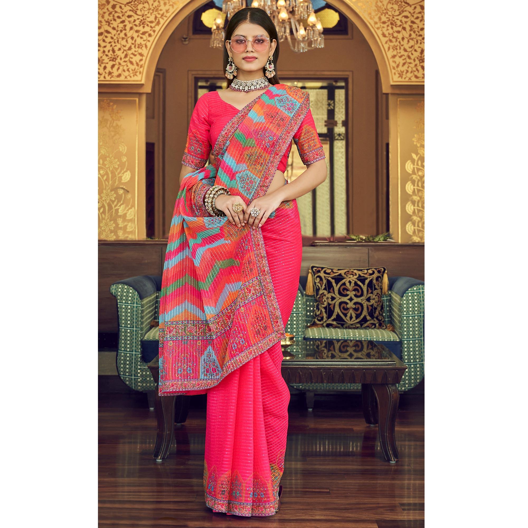 Pink Printed With Embellished Georgette Half and Half Saree - Peachmode