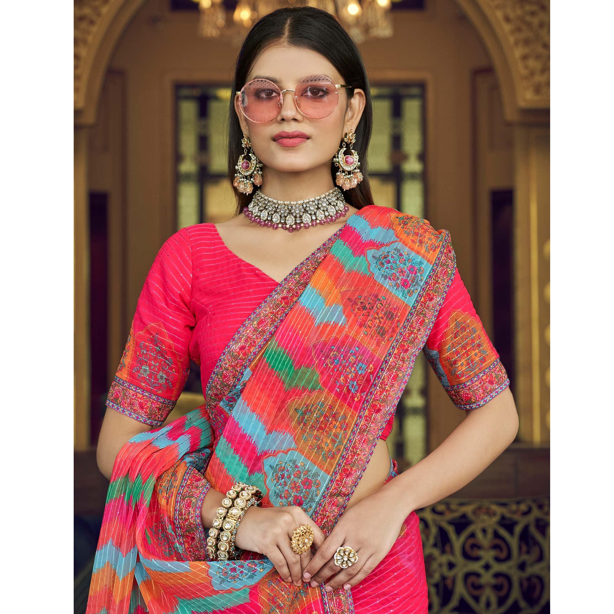 Pink Printed With Embellished Georgette Half and Half Saree - Peachmode