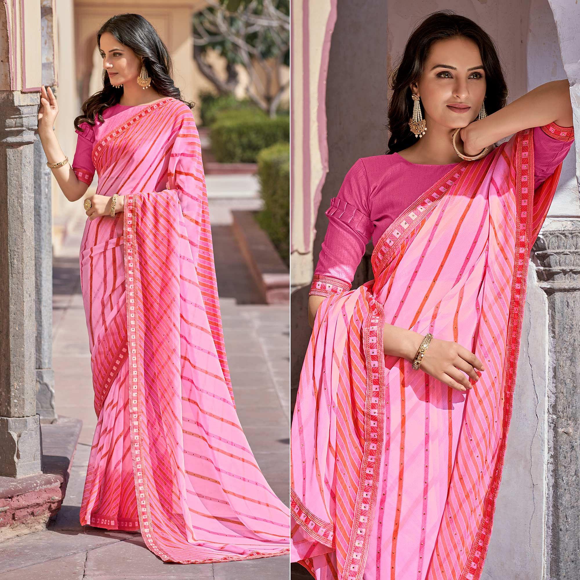 Pink Printed With Embellished Georgette Saree - Peachmode
