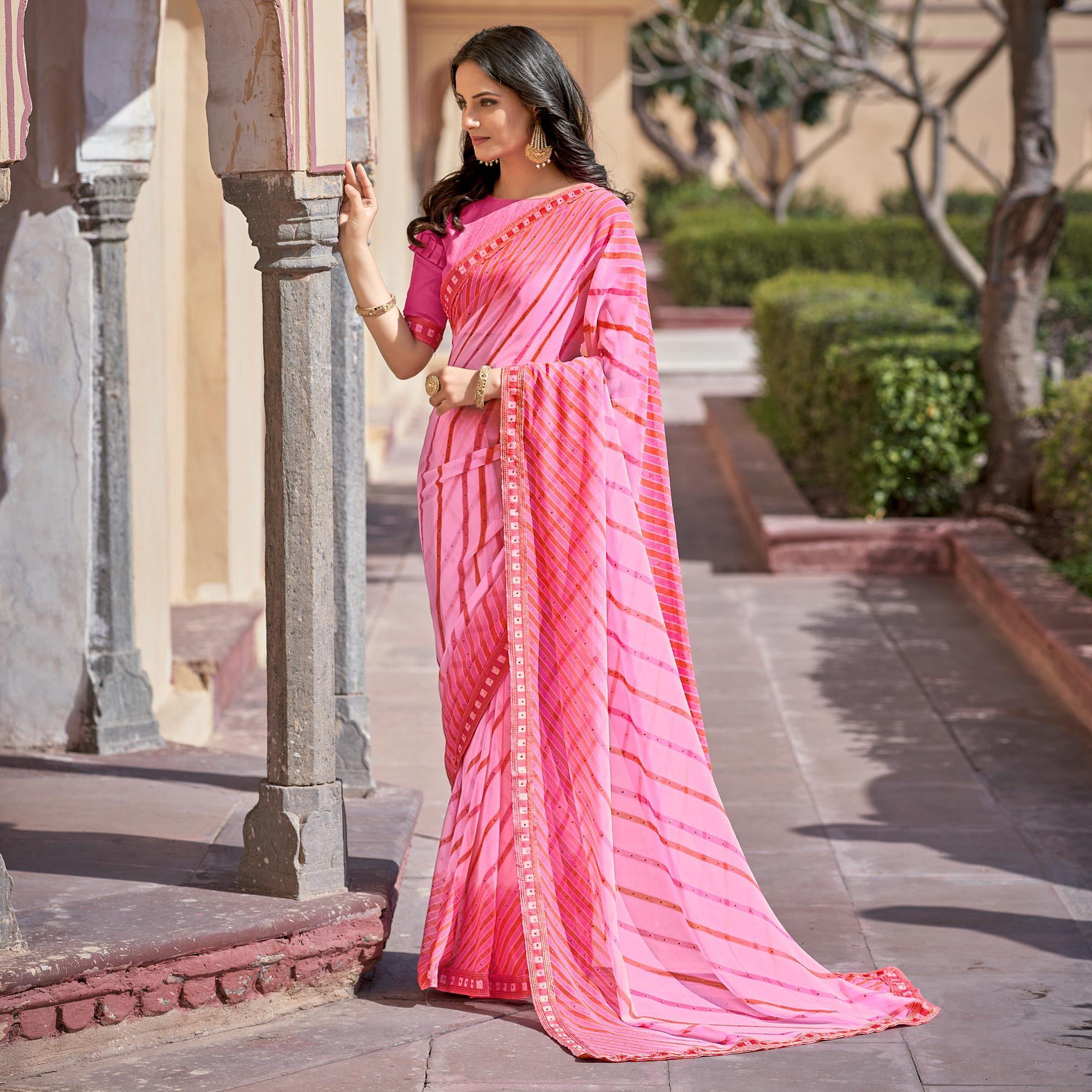 Pink Printed With Embellished Georgette Saree - Peachmode