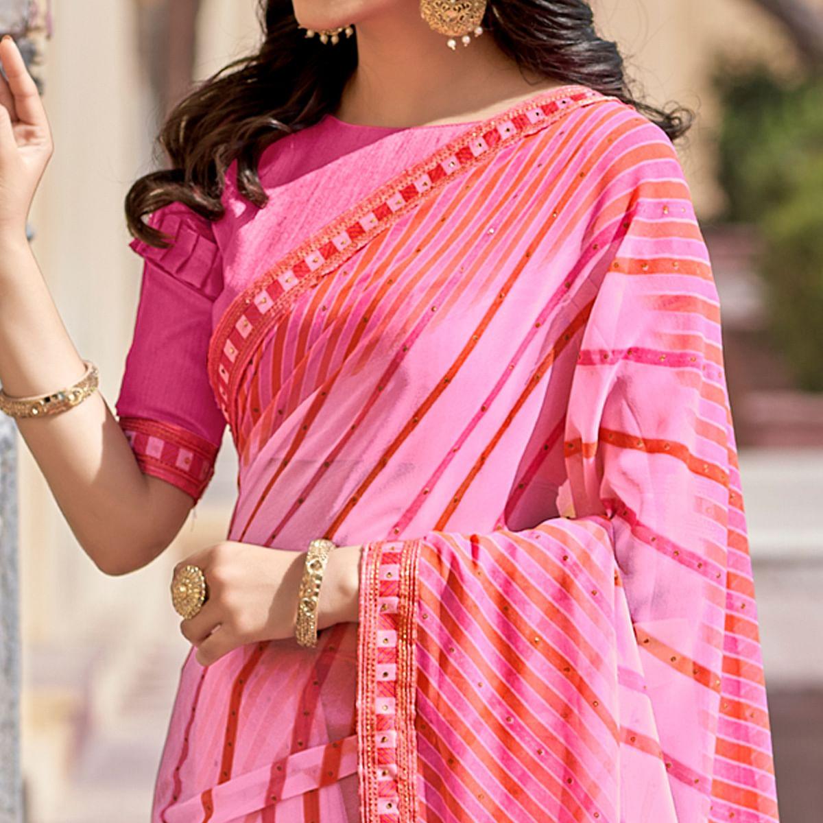 Pink Printed With Embellished Georgette Saree - Peachmode