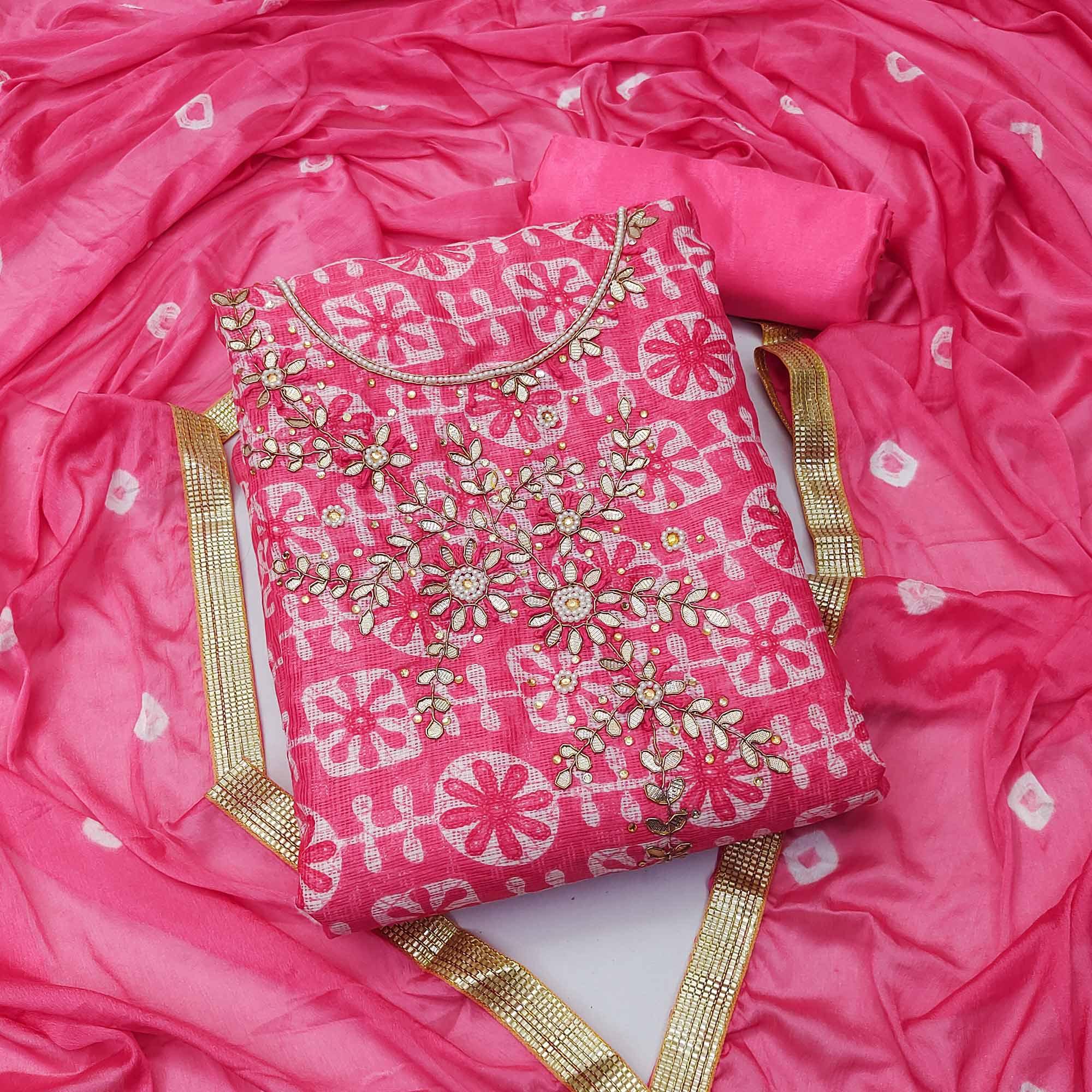 Pink Printed With Embellished Khaadi Dress Material - Peachmode