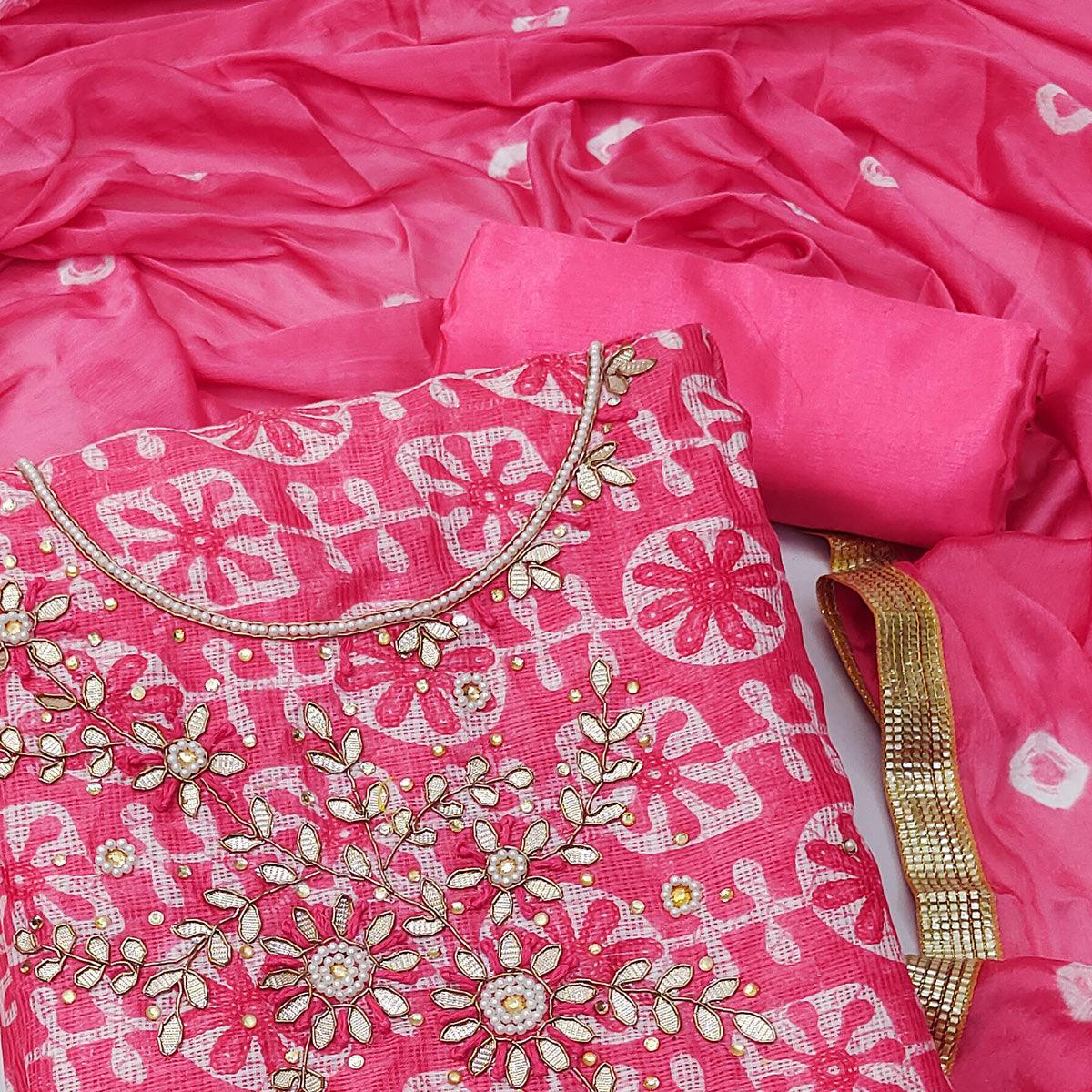 Pink Printed With Embellished Khaadi Dress Material - Peachmode