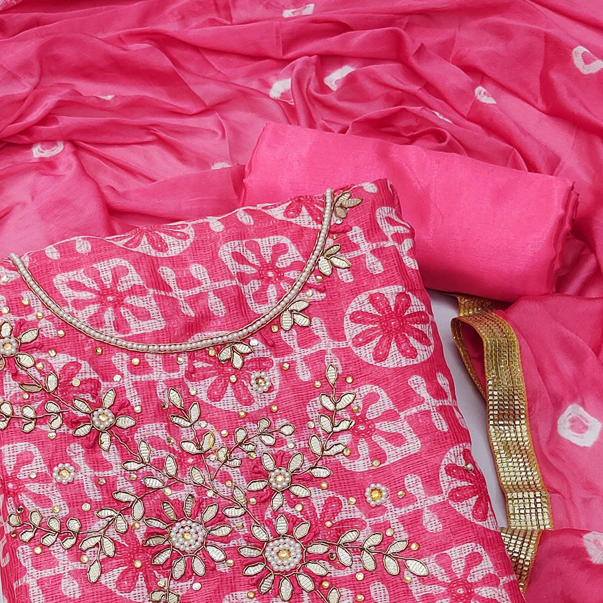 Pink Printed With Embellished Khaadi Dress Material - Peachmode
