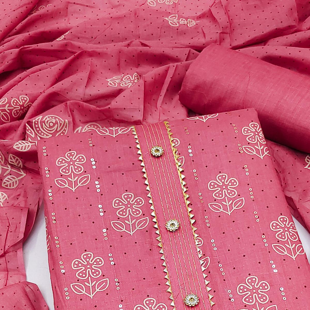 Pink Printed With Embellished Pure Cotton Dress Material - Peachmode