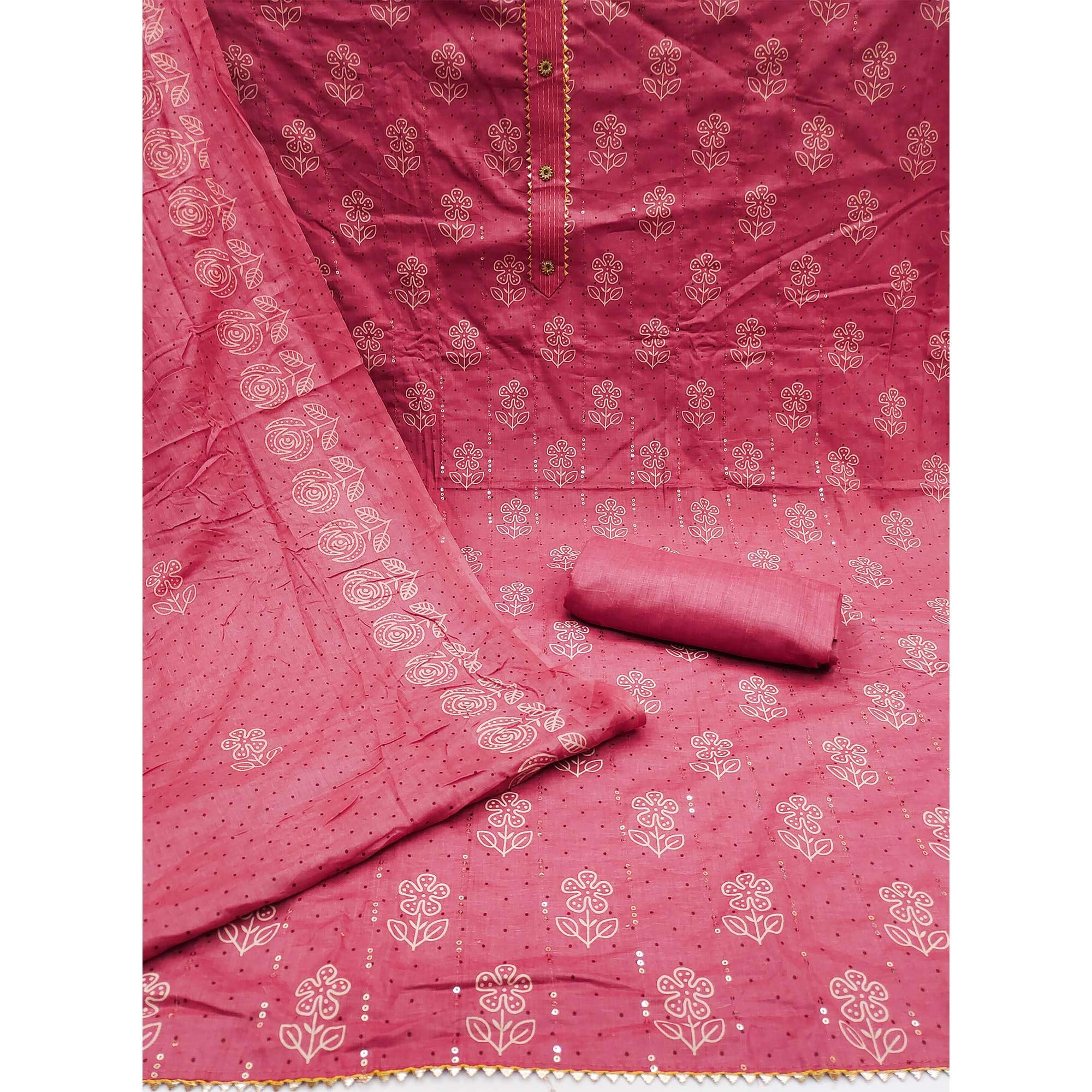 Pink Printed With Embellished Pure Cotton Dress Material - Peachmode