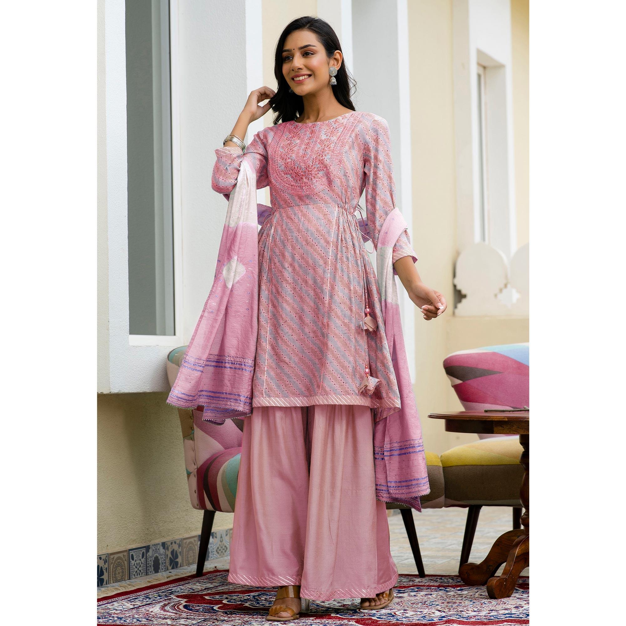 Pink Printed With Embroidered Chanderi Sharara Suit - Peachmode
