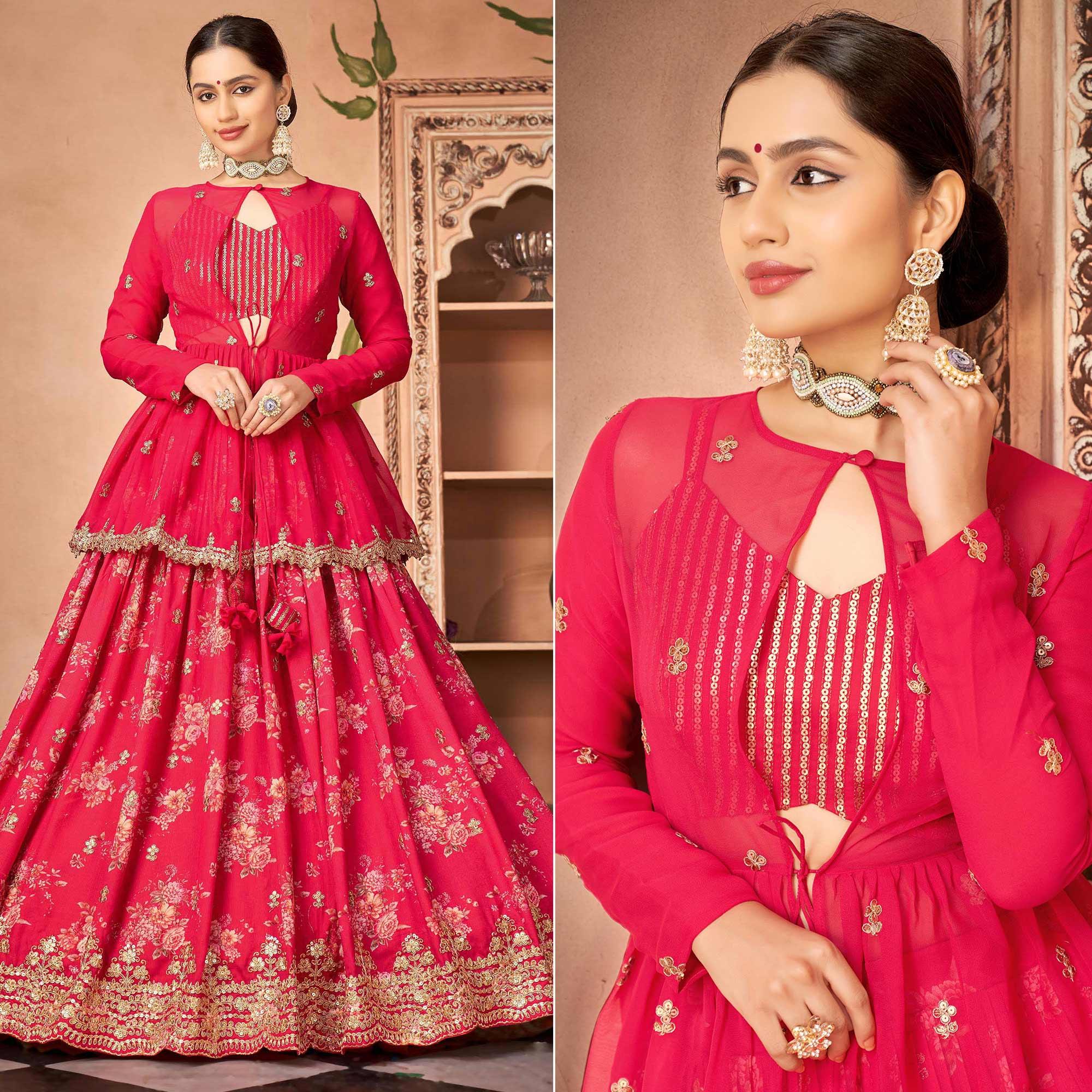 Pink Printed With Embroidered Chiffon Lehenga Choli With Koti - Peachmode