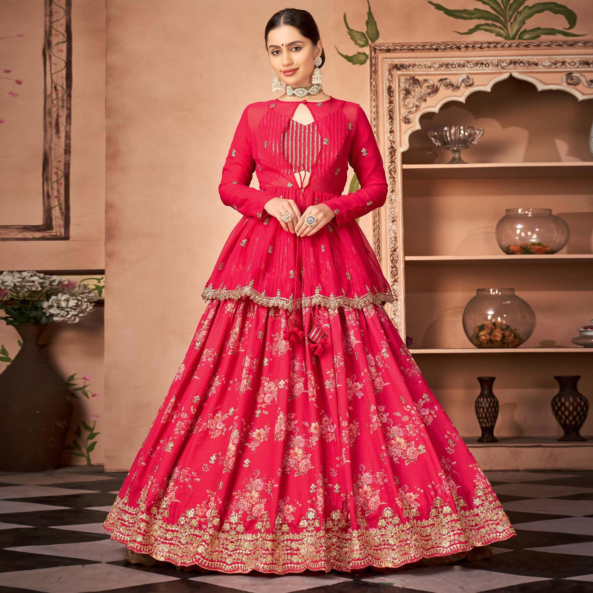 Pink Printed With Embroidered Chiffon Lehenga Choli With Koti - Peachmode