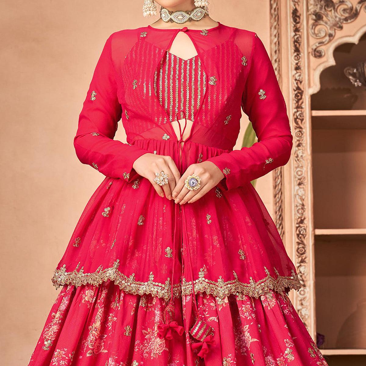 Pink Printed With Embroidered Chiffon Lehenga Choli With Koti - Peachmode