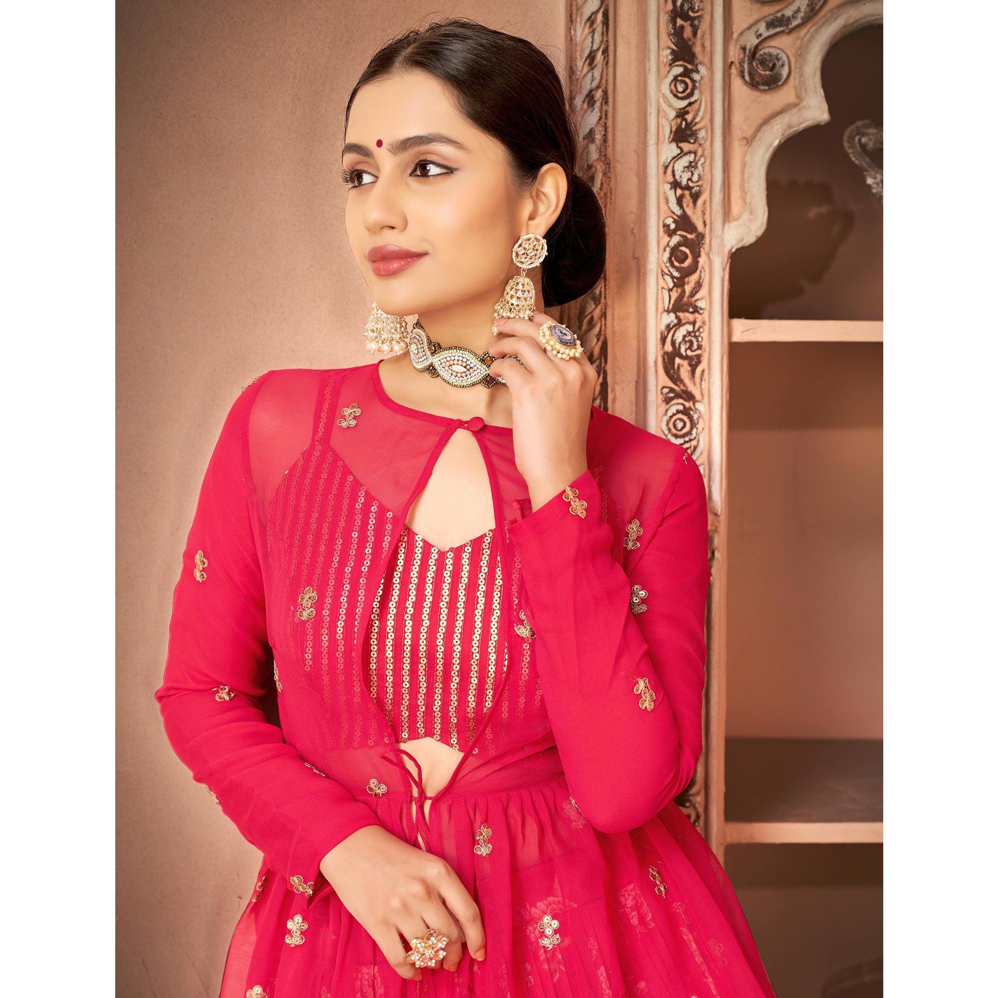 Pink Printed With Embroidered Chiffon Lehenga Choli With Koti - Peachmode