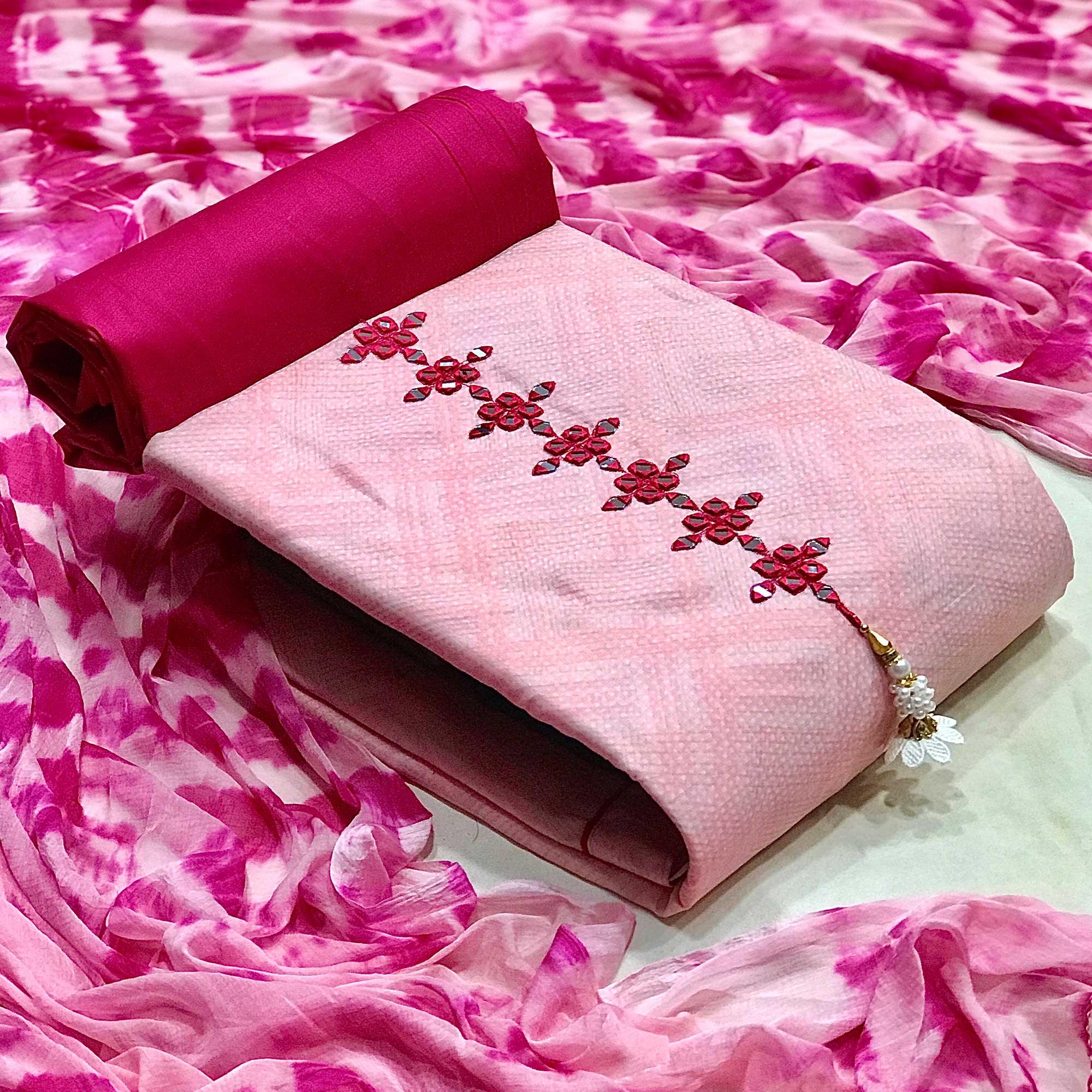 Pink Printed With Embroidered Cotton Blend Dress Material - Peachmode
