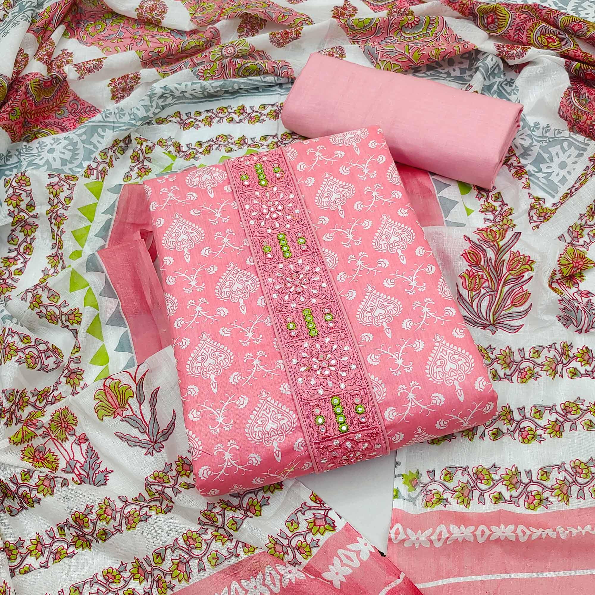 Pink Printed With Embroidered Cotton Blend Dress Material - Peachmode